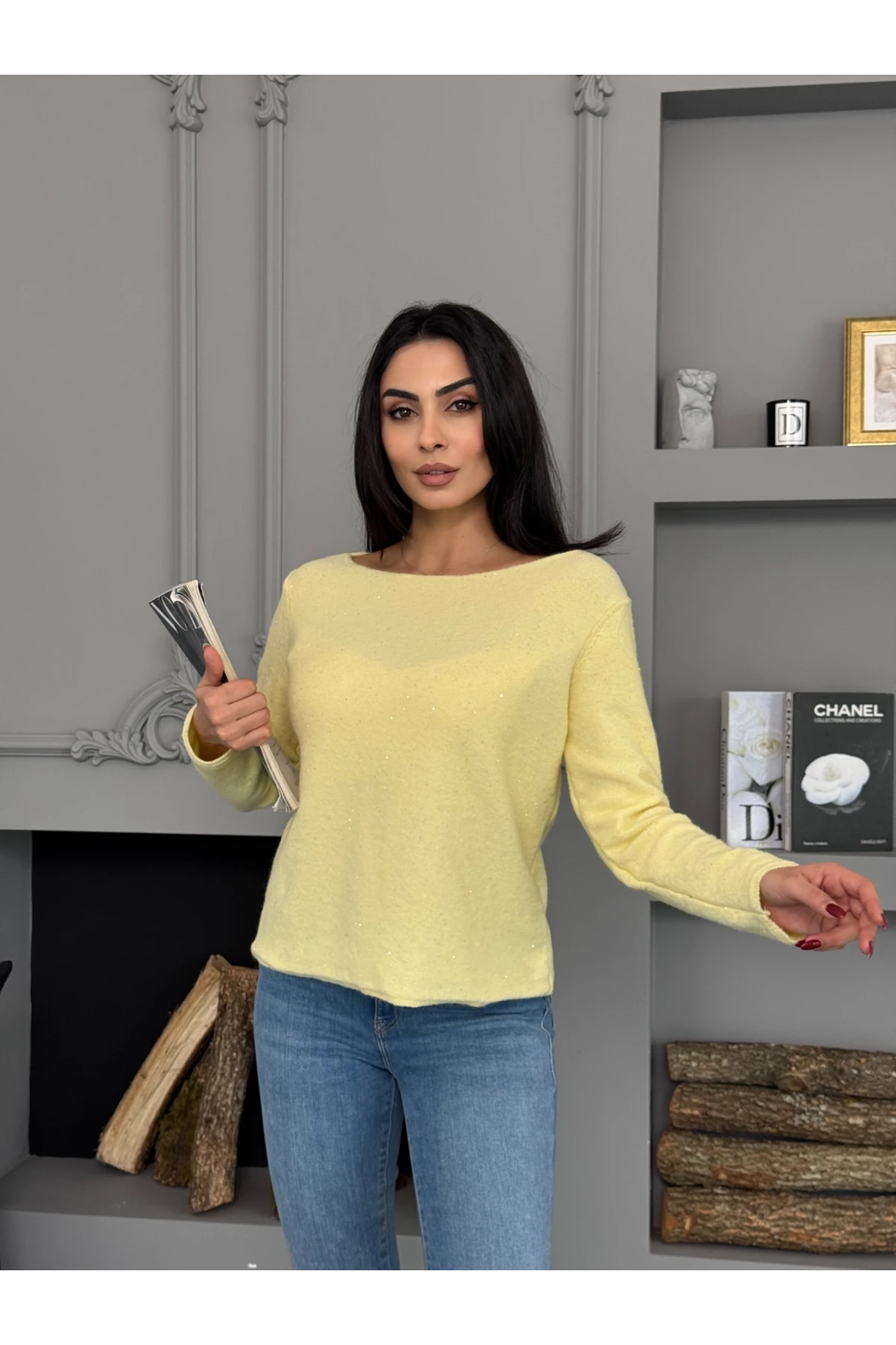 Kadın Kayık Yaka Viskon Karışımlı Simli Triko Kazak 8710Sw.Mng 