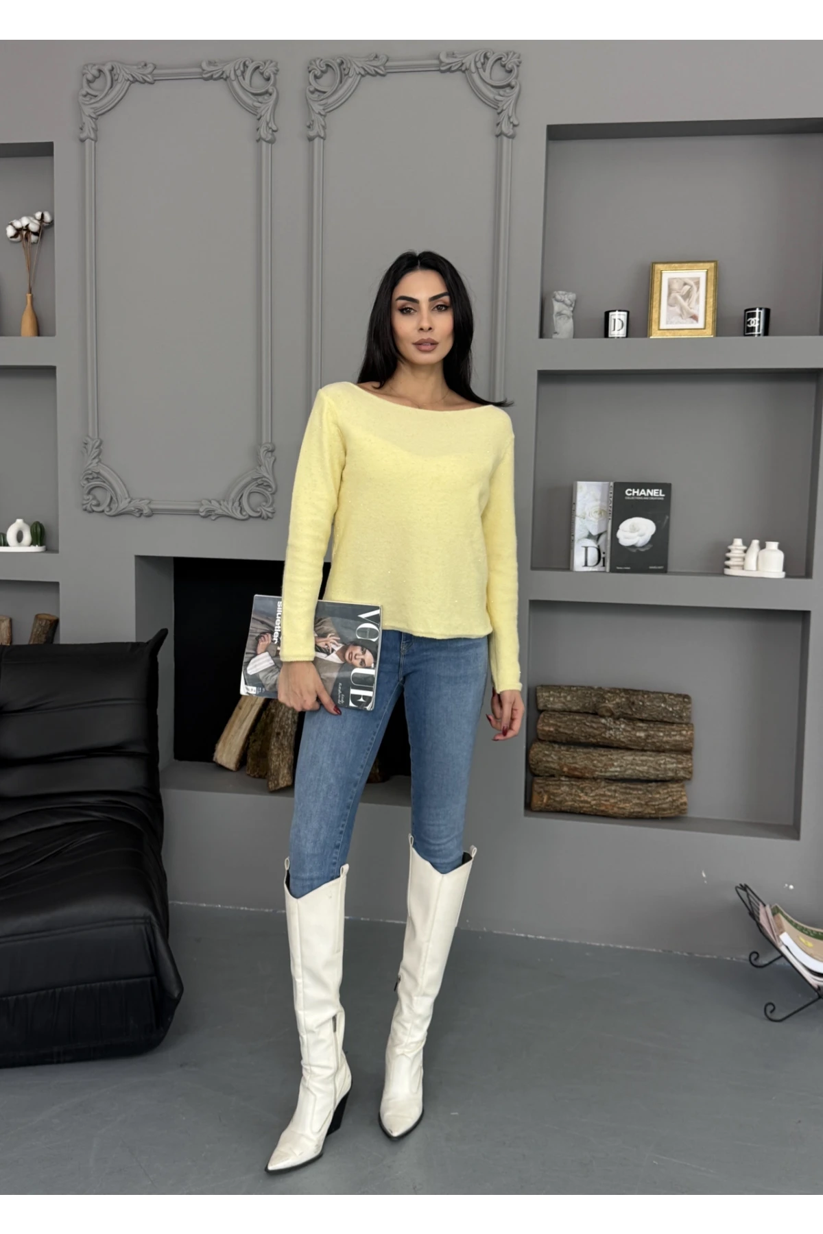 Kadın Kayık Yaka Viskon Karışımlı Simli Triko Kazak 8710Sw.Mng 