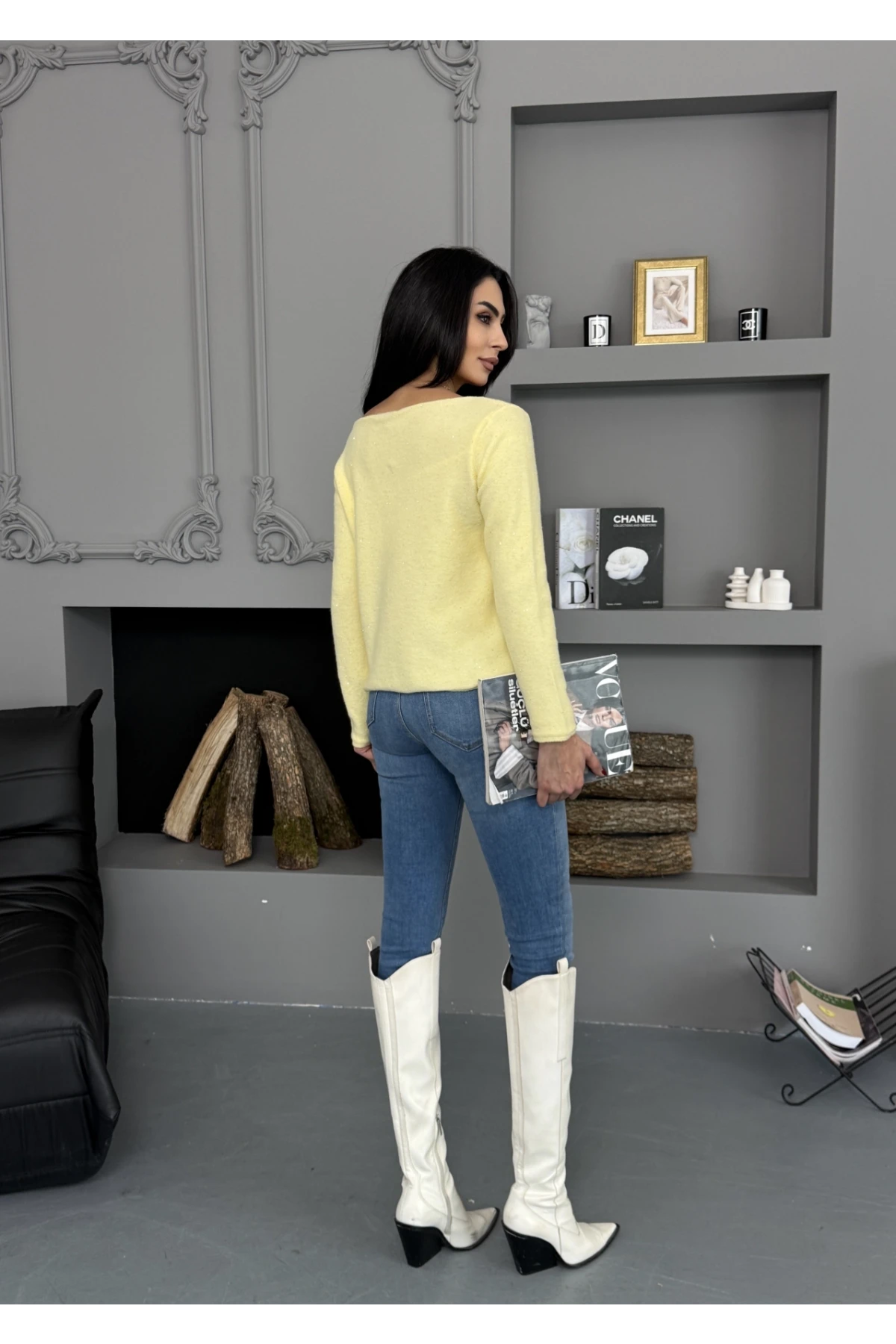 Kadın Kayık Yaka Viskon Karışımlı Simli Triko Kazak 8710Sw.Mng 