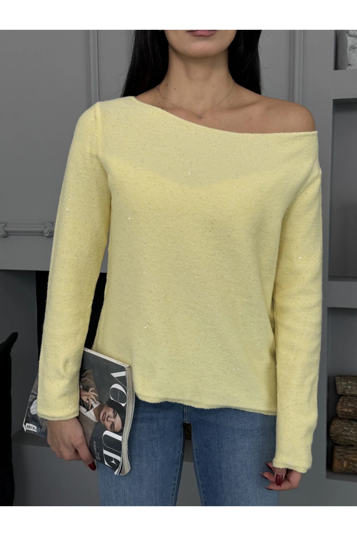 Kadın Kayık Yaka Viskon Karışımlı Simli Triko Kazak 8710Sw.Mng 