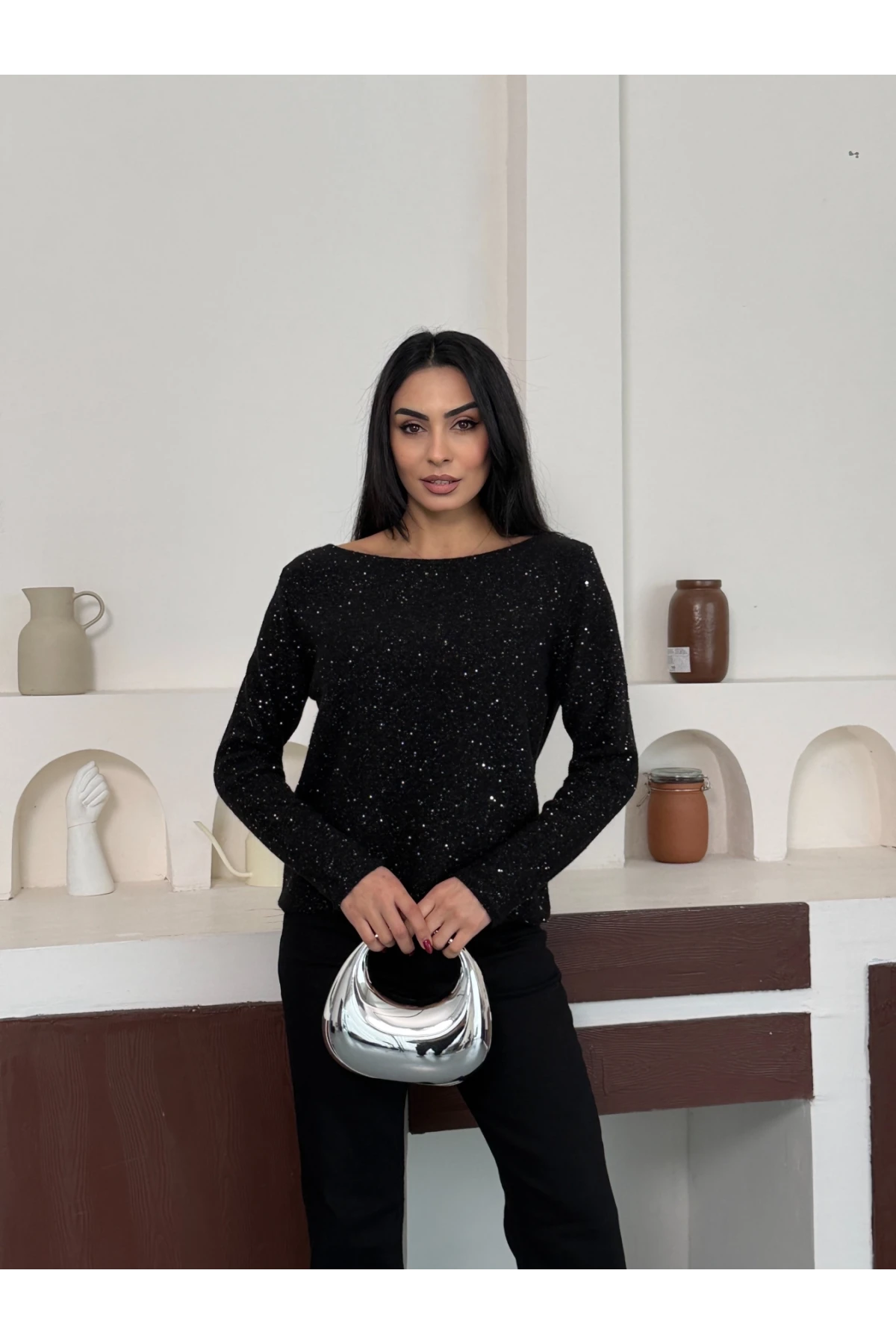 Kadın Kayık Yaka Viskon Karışımlı Simli Triko Kazak 8710Sw.Mng 