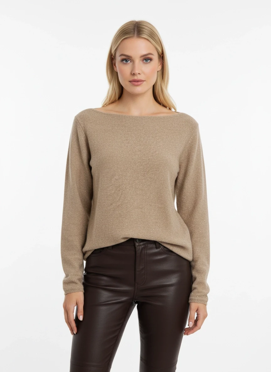 Kadın Kayık Yaka Viskon Karışımlı Simli Triko Kazak 8710Sw.Mng 