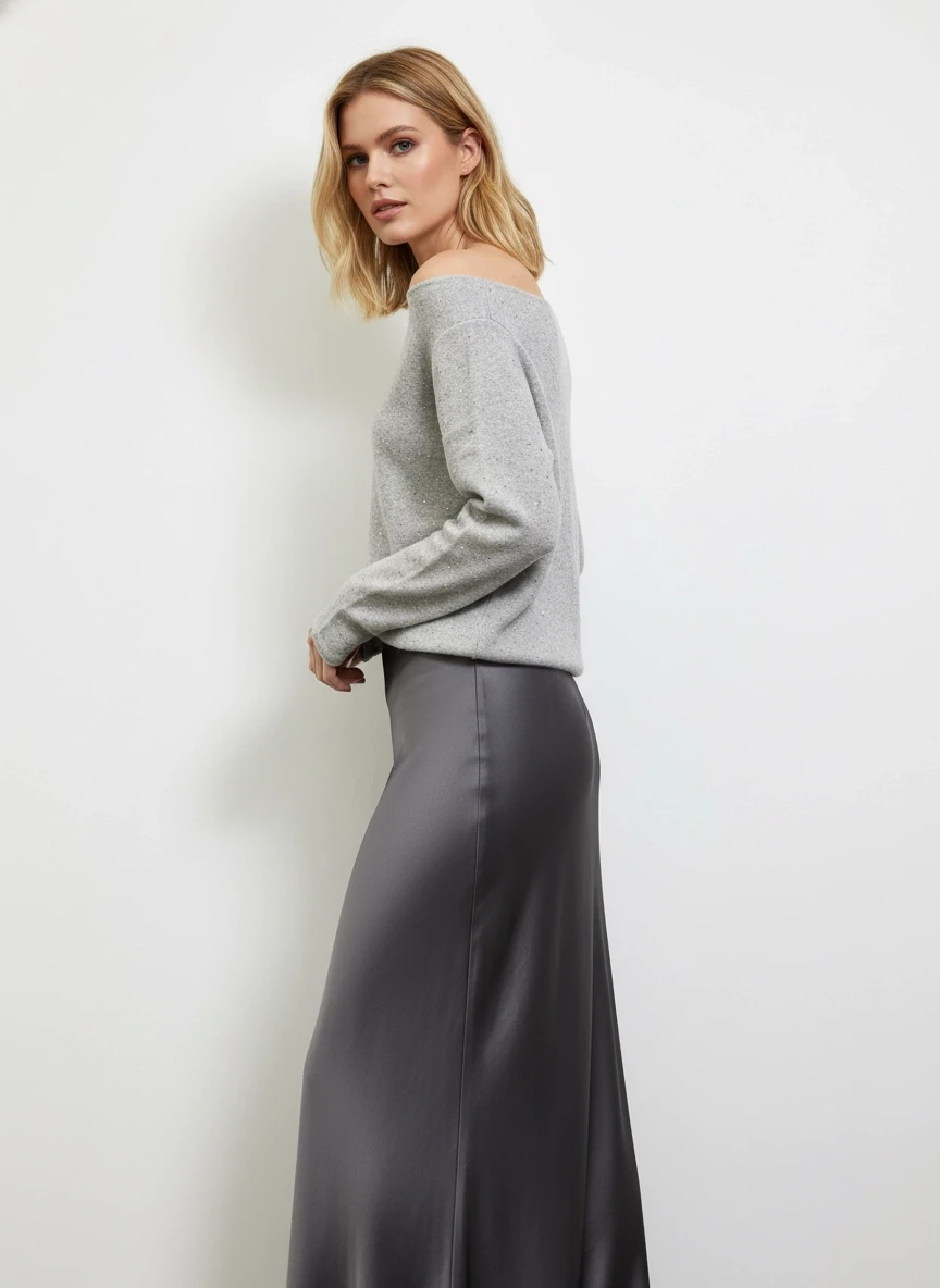 Kadın Kayık Yaka Viskon Karışımlı Simli Triko Kazak 8710Sw.Mng 