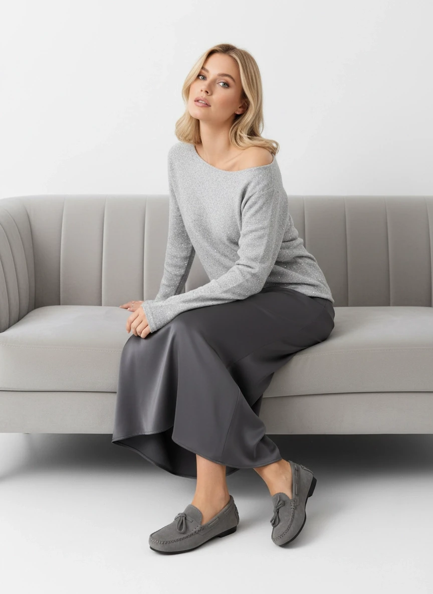 Kadın Kayık Yaka Viskon Karışımlı Simli Triko Kazak 8710Sw.Mng 