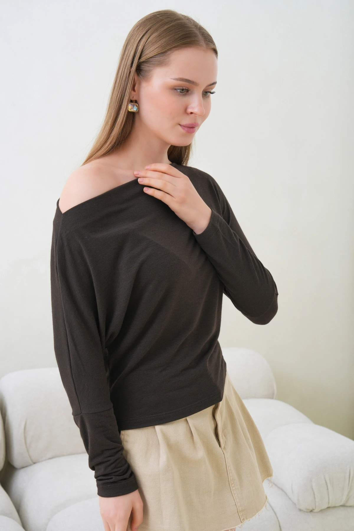 Kadın Kayık Yaka Yarasa Kol Lycralı Penye Bluz 13001