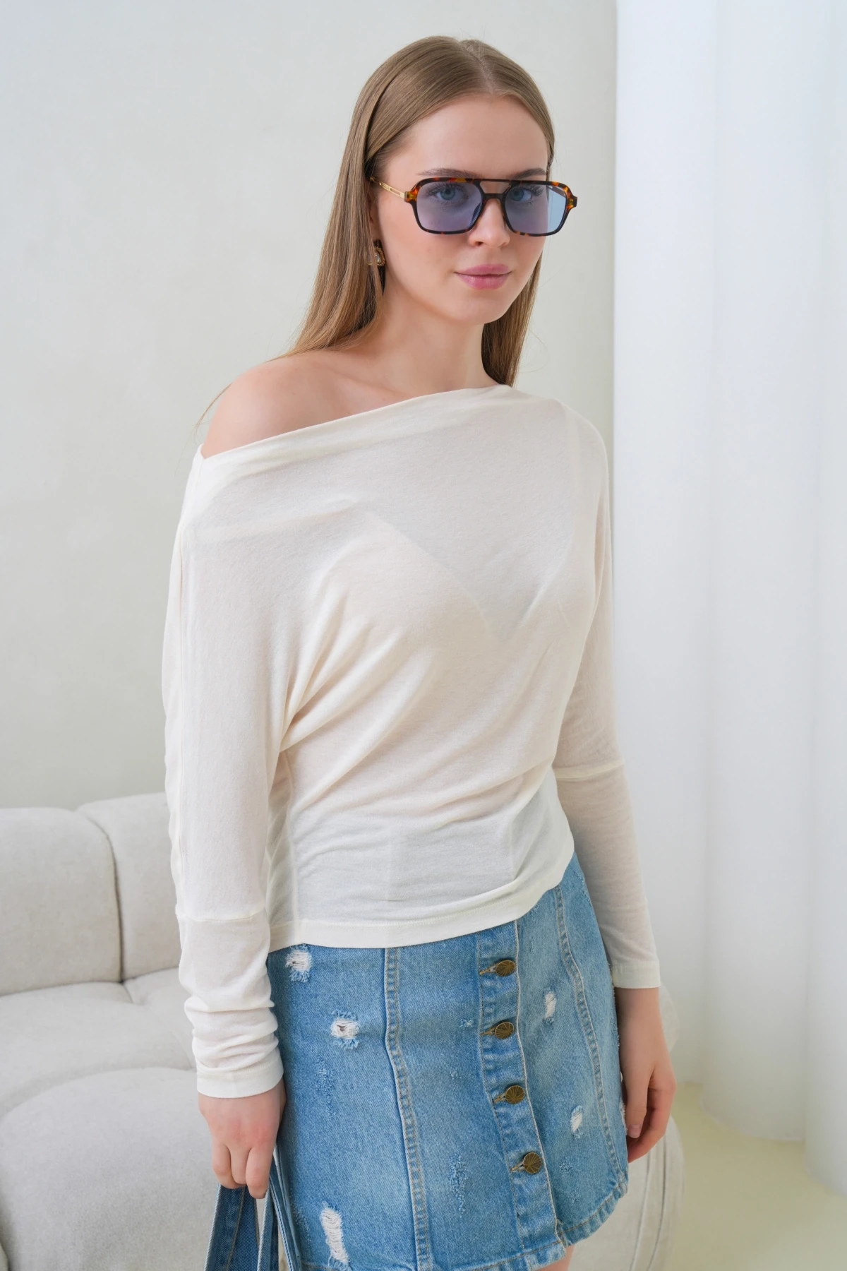 Kadın Kayık Yaka Yarasa Kol Lycralı Penye Bluz 13001