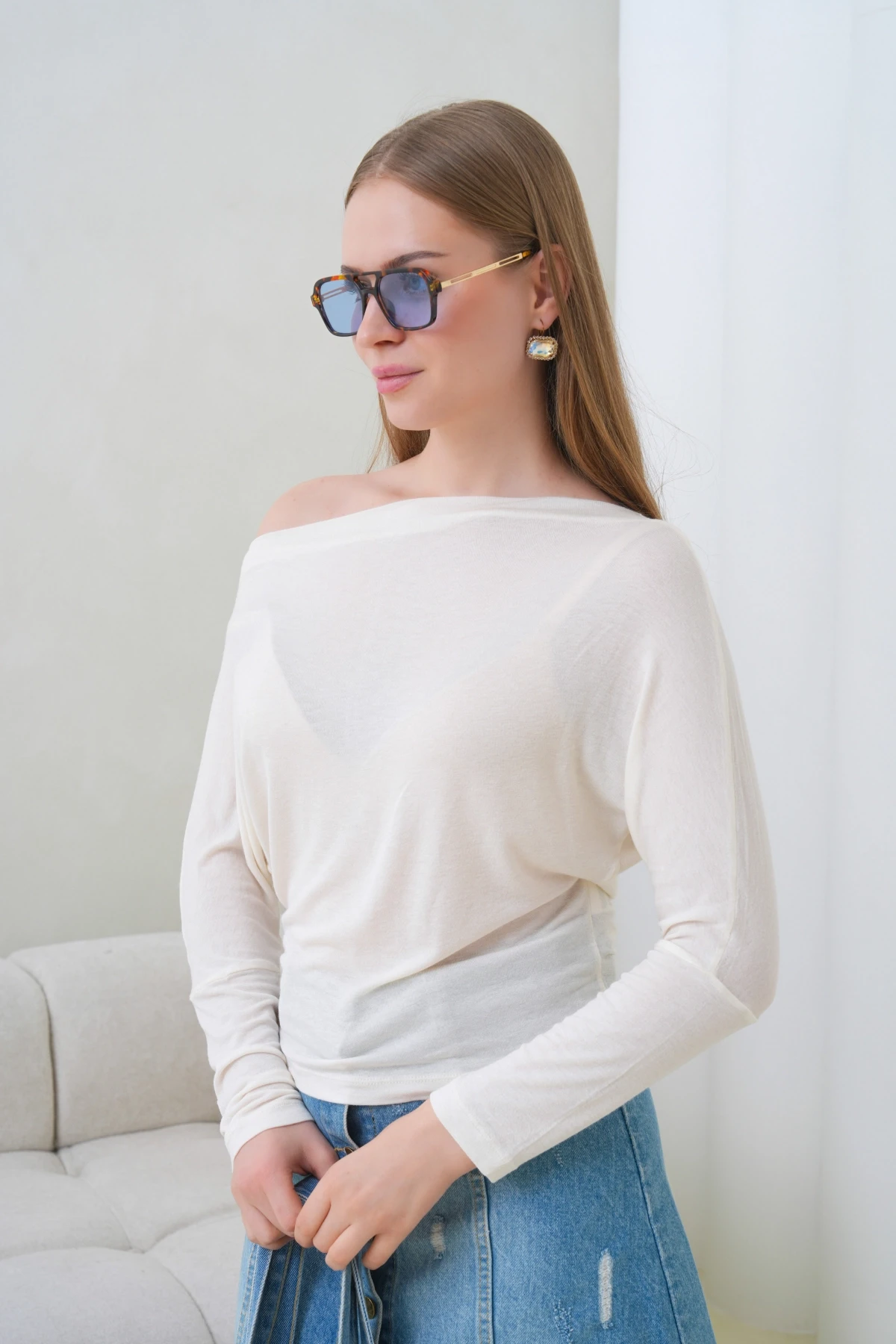 Kadın Kayık Yaka Yarasa Kol Lycralı Penye Bluz 13001