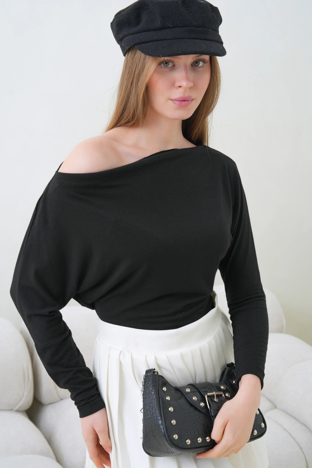 Kadın Kayık Yaka Yarasa Kol Lycralı Penye Bluz 13001