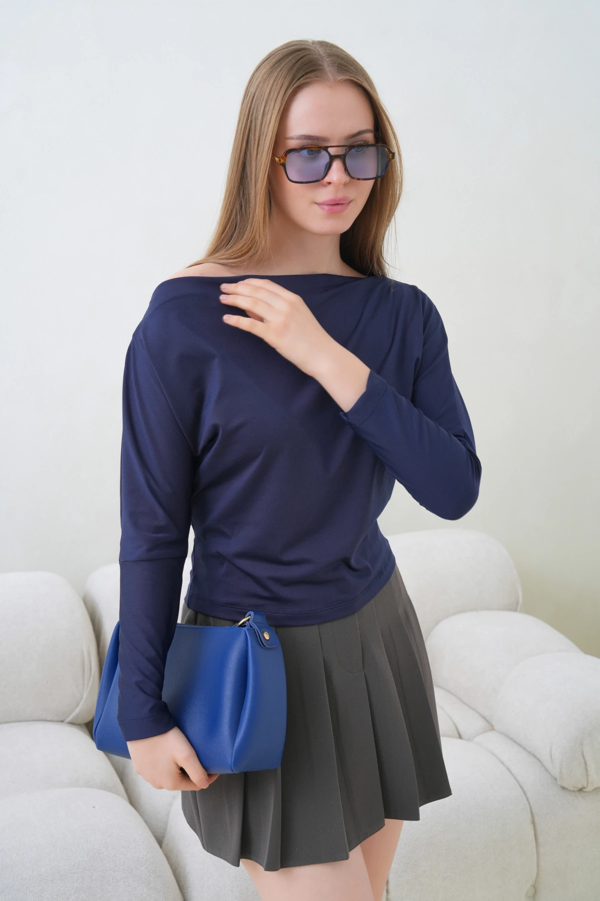 Kadın Kayık Yaka Yarasa Kol Lycralı Penye Bluz 13002