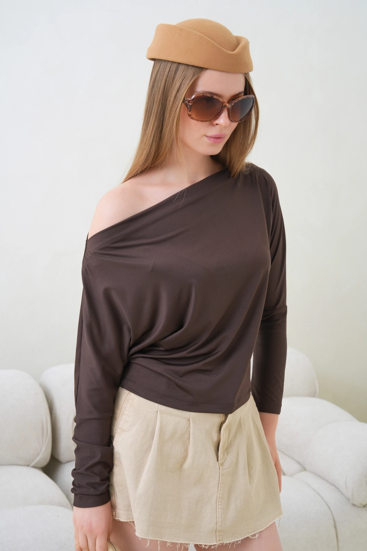 Kadın Kayık Yaka Yarasa Kol Lycralı Penye Bluz 13002