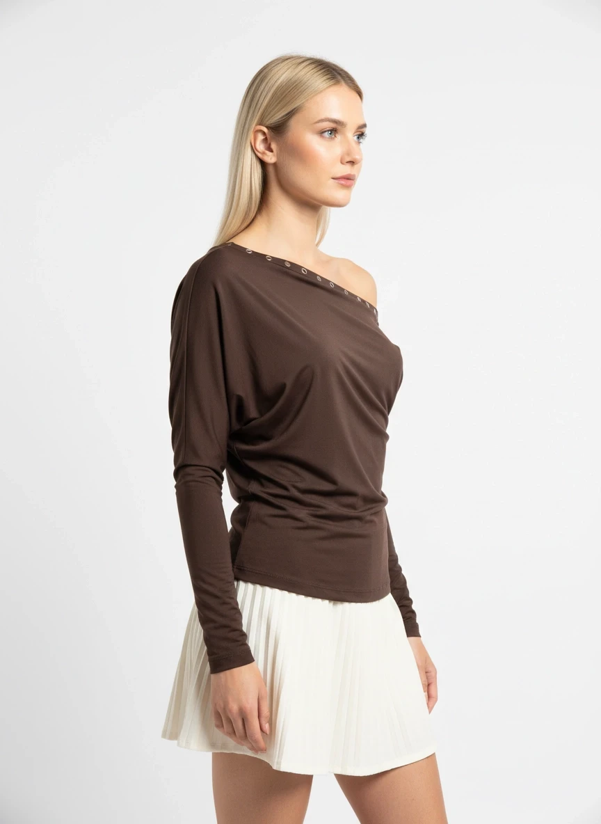 Kadın Kayık Yaka Yarasa Kol Yakası Troklu Lycralı Penye Bluz 13003