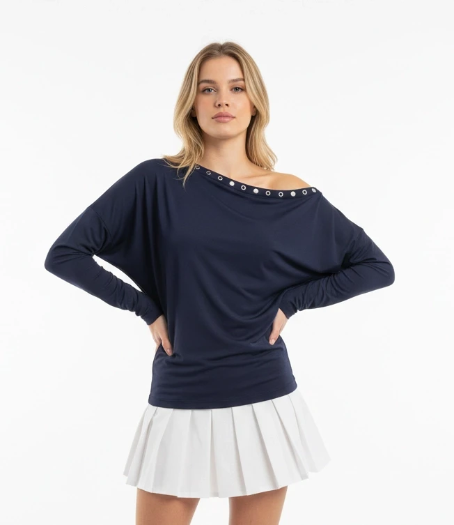 Kadın Kayık Yaka Yarasa Kol Yakası Troklu Lycralı Penye Bluz 13003