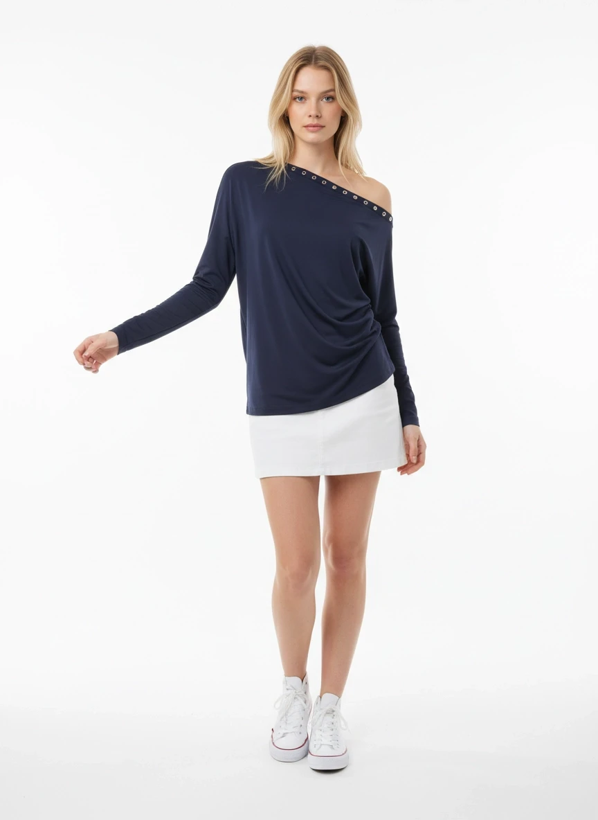 Kadın Kayık Yaka Yarasa Kol Yakası Troklu Lycralı Penye Bluz 13003