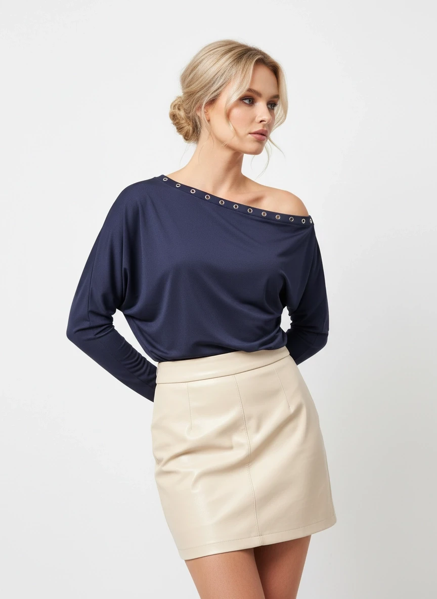 Kadın Kayık Yaka Yarasa Kol Yakası Troklu Lycralı Penye Bluz 13003