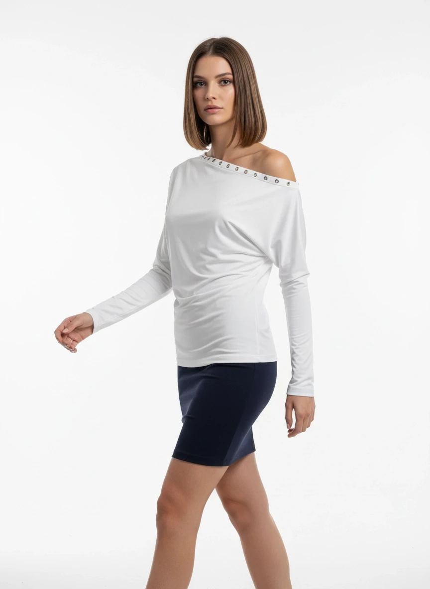 Kadın Kayık Yaka Yarasa Kol Yakası Troklu Lycralı Penye Bluz 13003