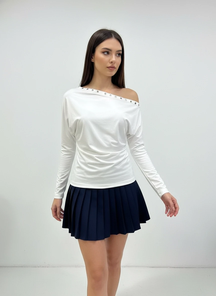 Kadın Kayık Yaka Yarasa Kol Yakası Troklu Lycralı Penye Bluz 13003