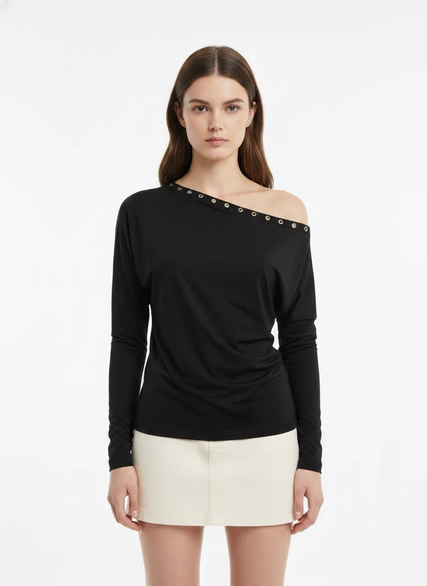 Kadın Kayık Yaka Yarasa Kol Yakası Troklu Lycralı Penye Bluz 13003