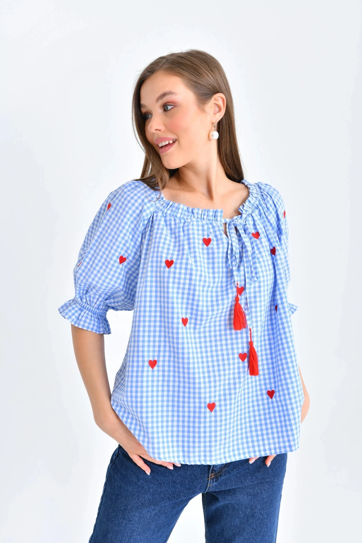 Kadın Mavi Pötikare Yakası Fırfırlı Oversize Dokuma Bluz