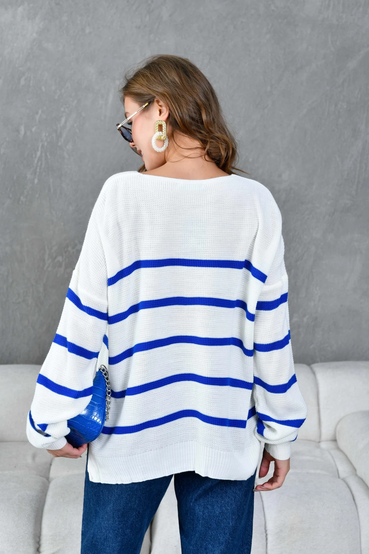 Kadın Nopeli Selanik Örgü V Yaka Çizgili Triko Kazak 224275