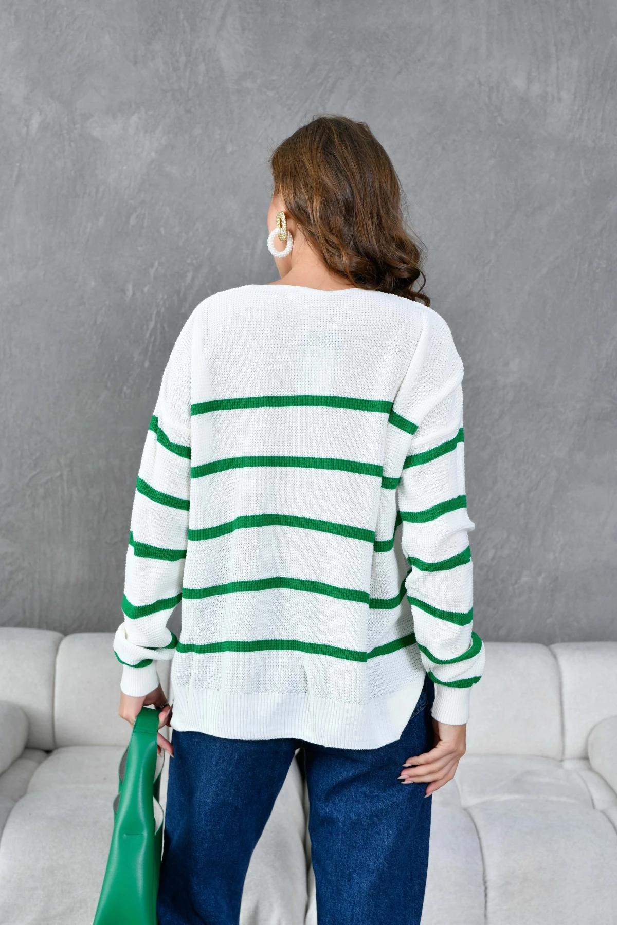 Kadın Nopeli Selanik Örgü V Yaka Çizgili Triko Kazak 224275