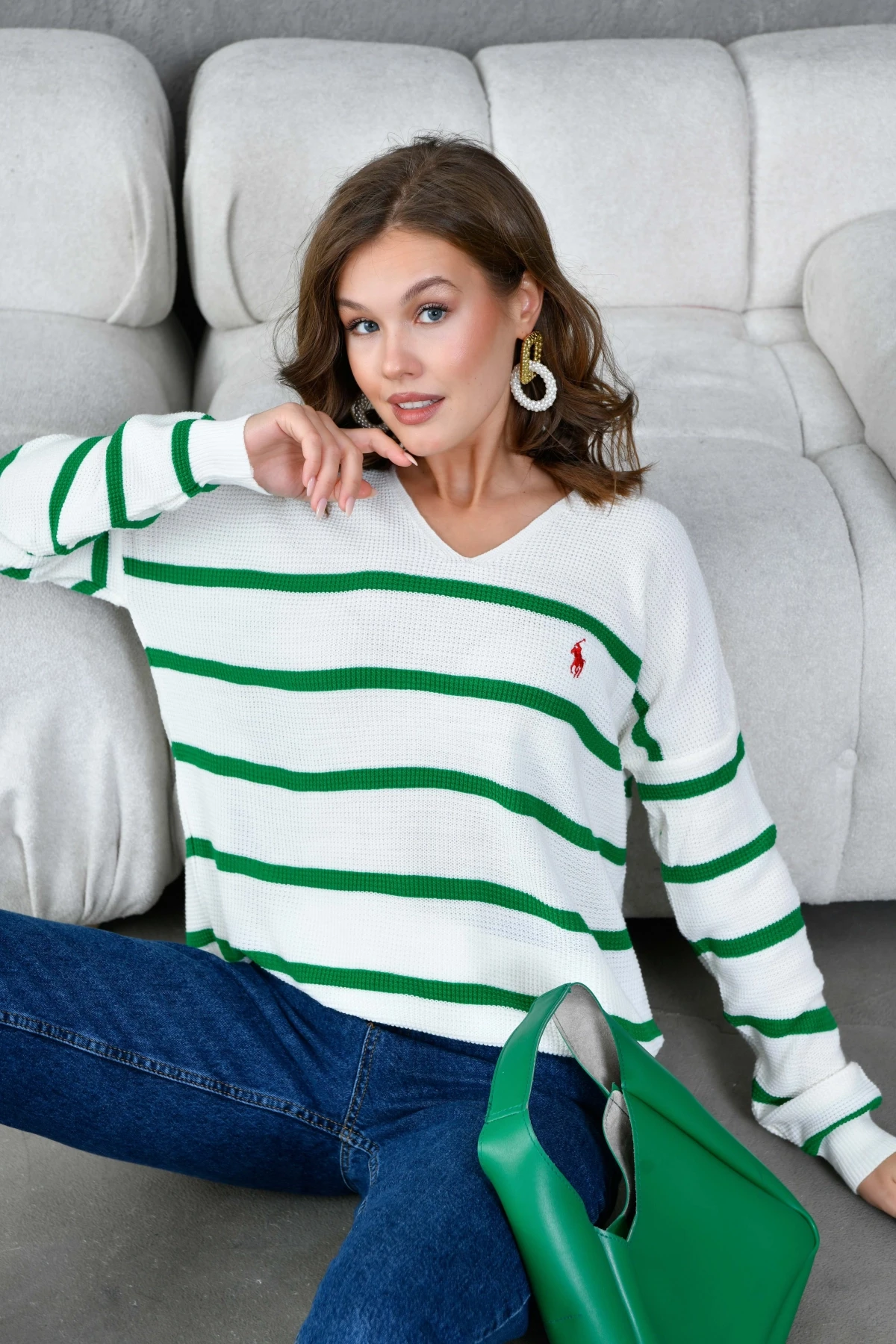 Kadın Nopeli Selanik Örgü V Yaka Çizgili Triko Kazak 224275