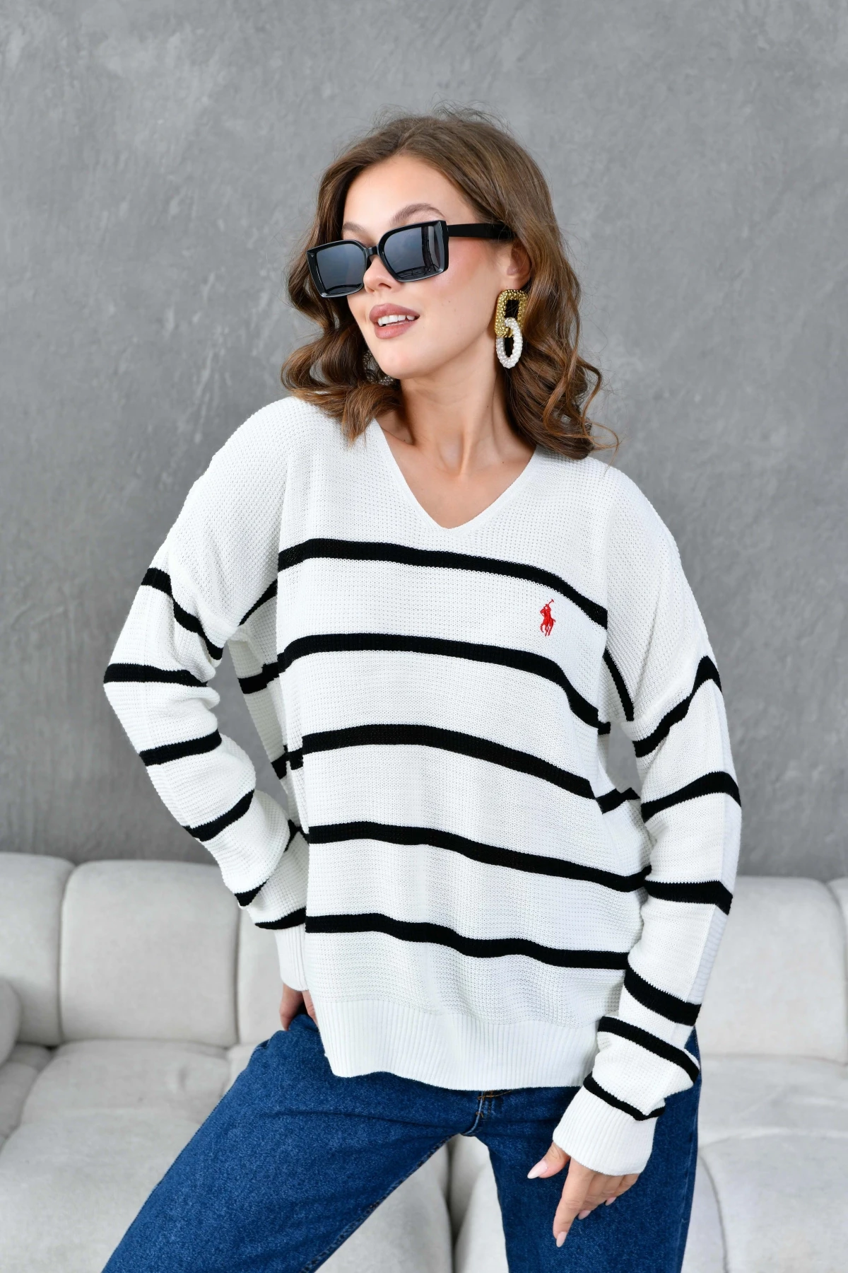 Kadın Nopeli Selanik Örgü V Yaka Çizgili Triko Kazak 224275