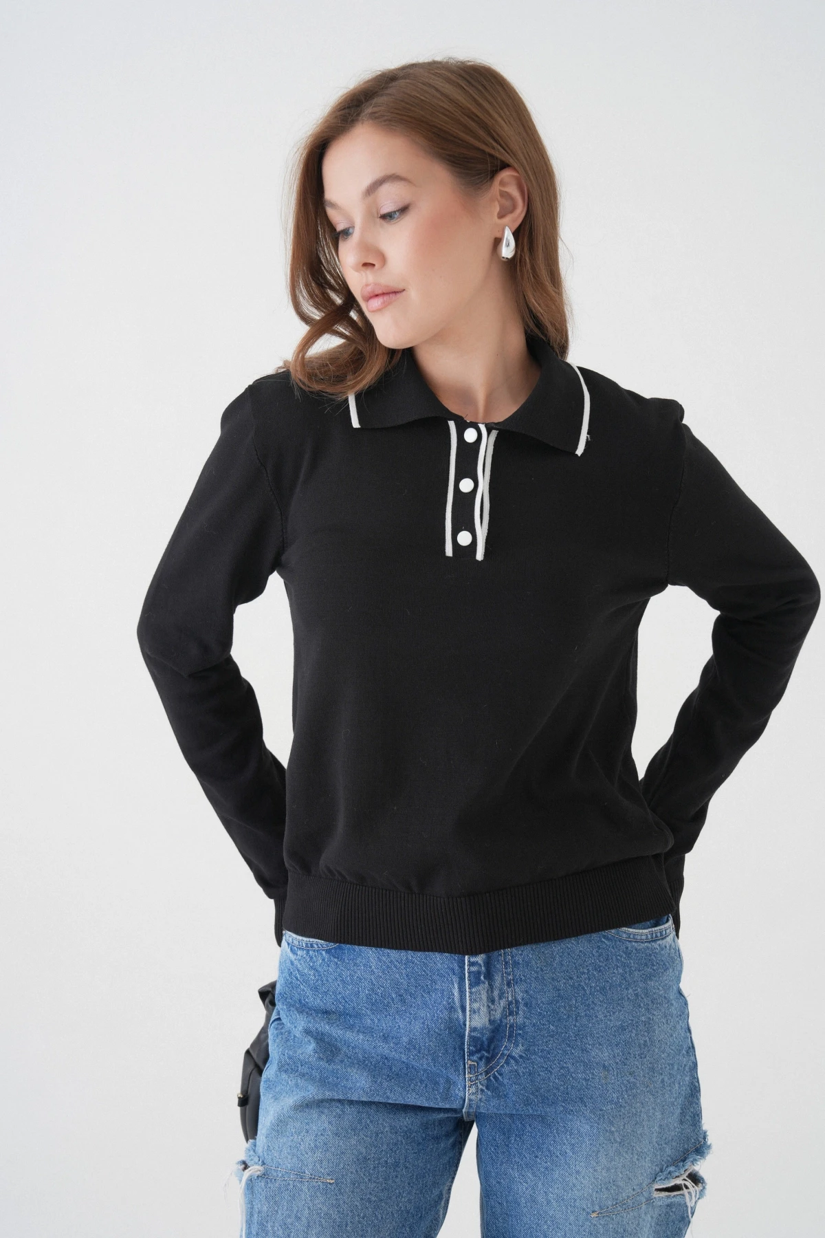 Kadın Polo Düğme Detay Basic Triko Kazak 12338.Vrt