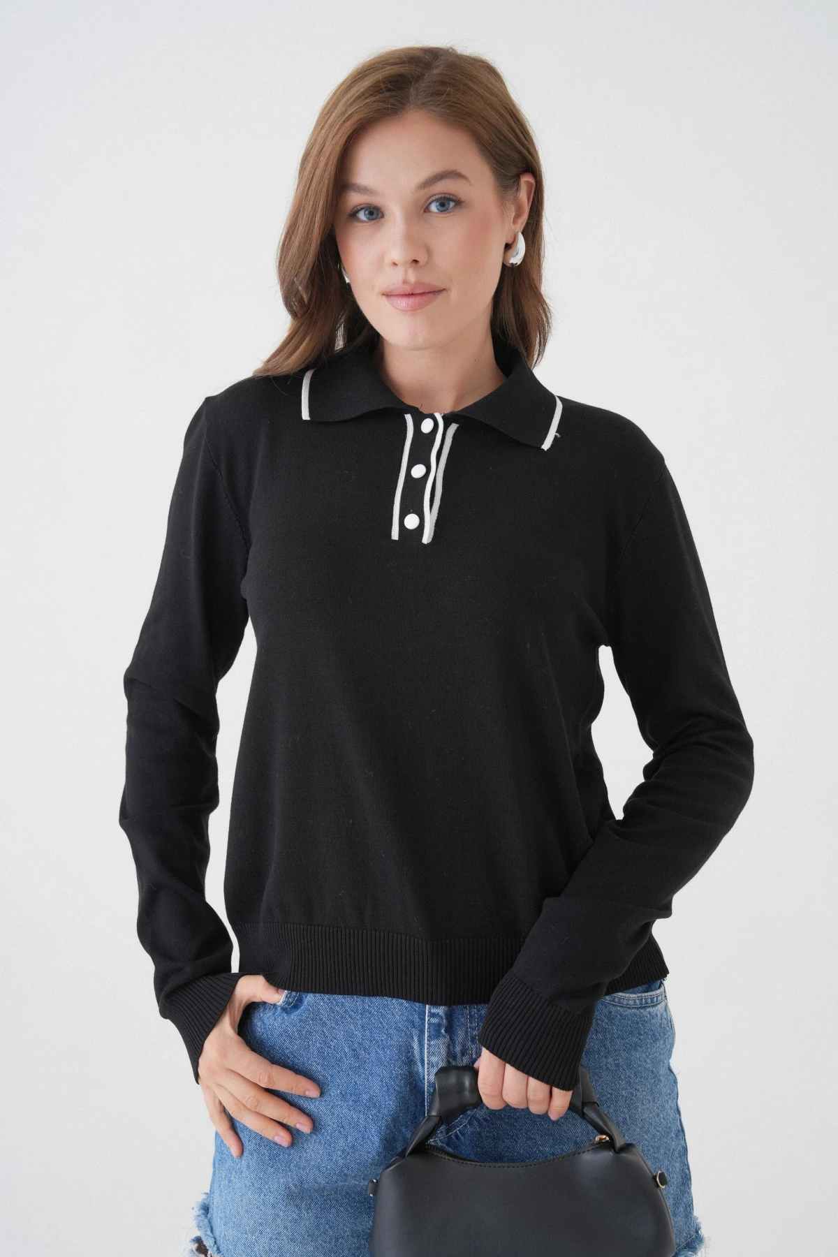 Kadın Polo Düğme Detay Basic Triko Kazak 12338.Vrt