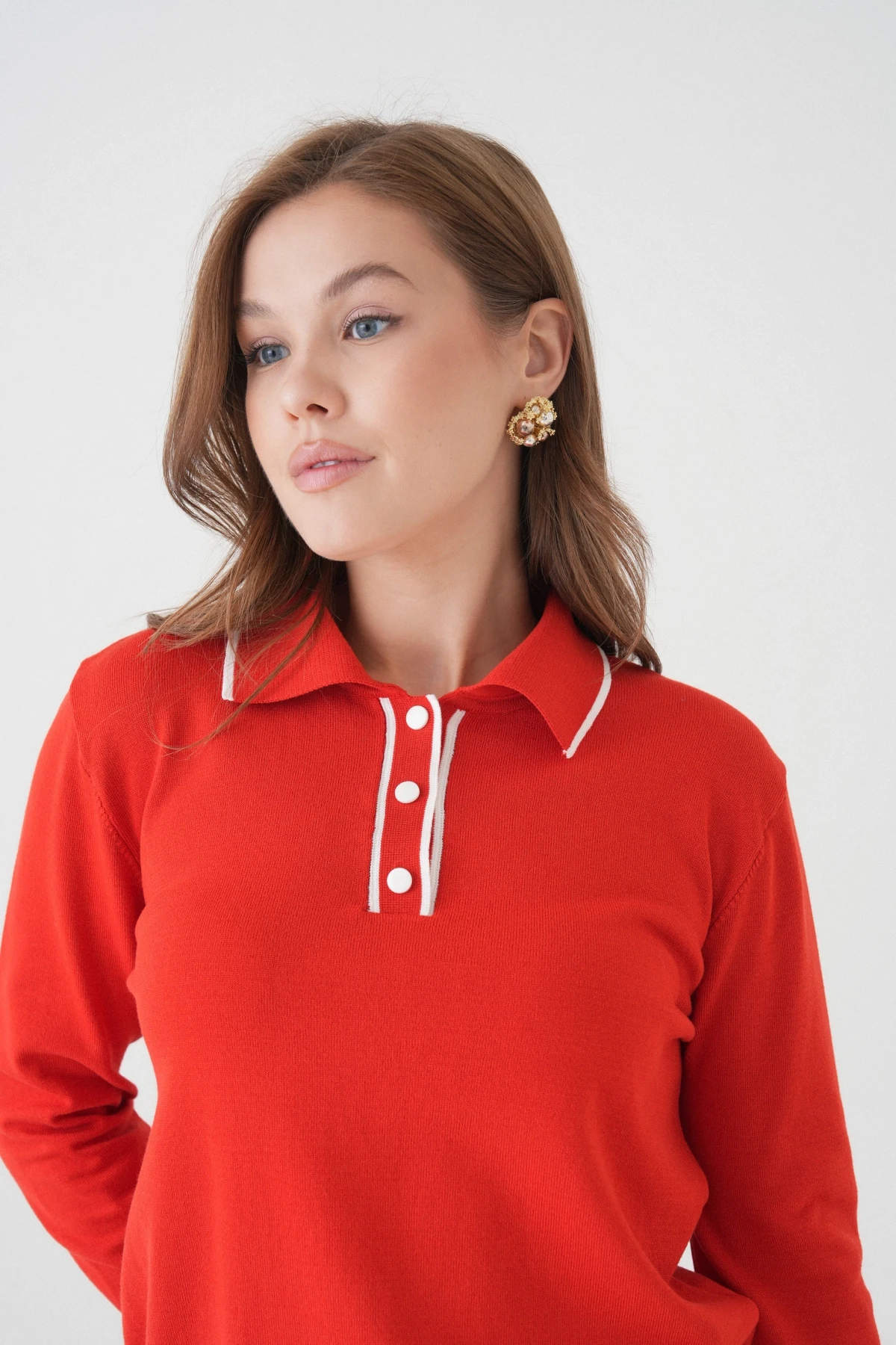 Kadın Polo Düğme Detay Basic Triko Kazak 12338.Vrt