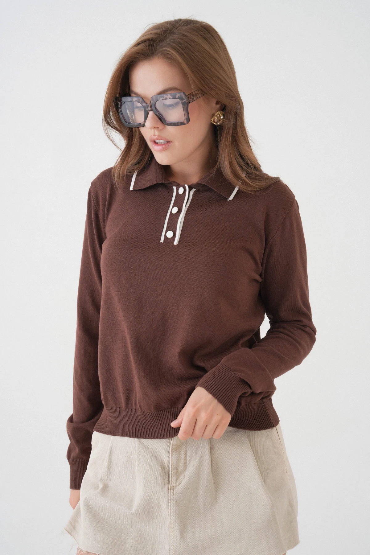 Kadın Polo Düğme Detay Basic Triko Kazak 12338.Vrt