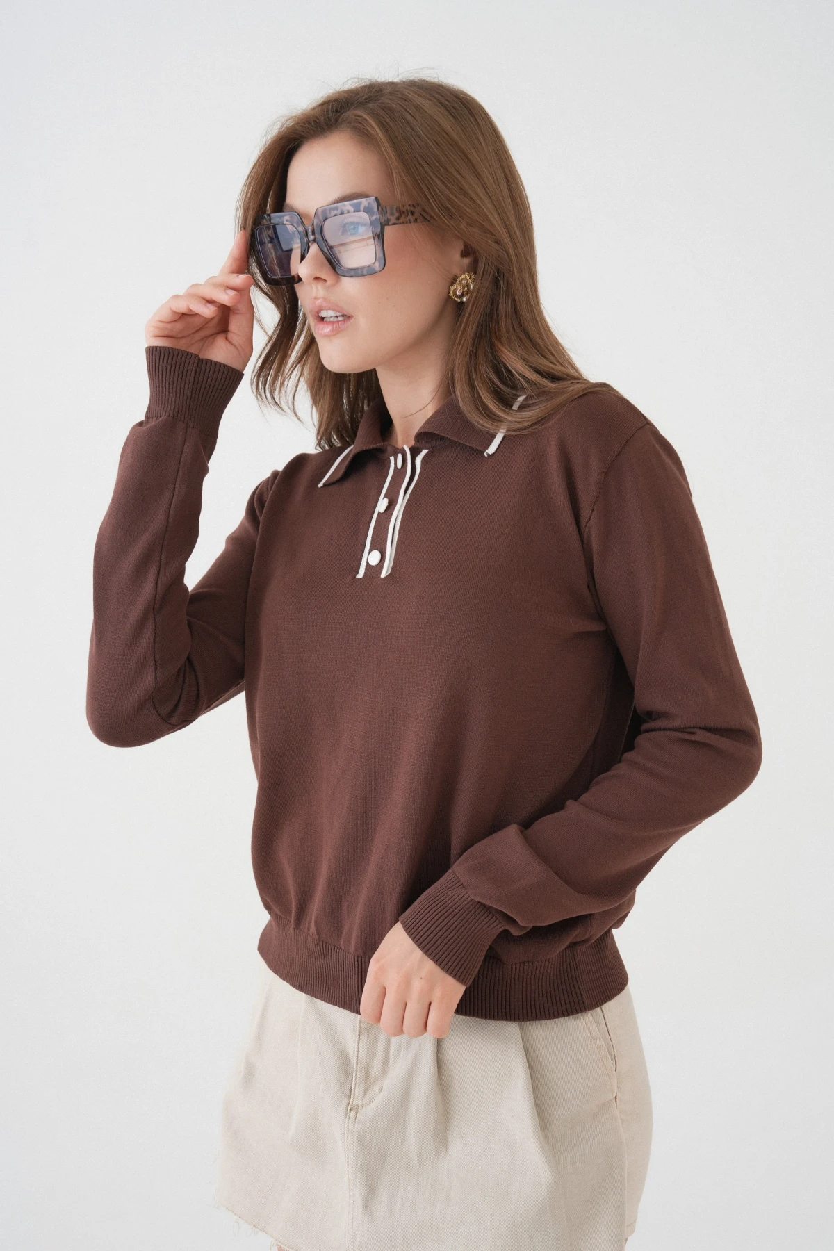 Kadın Polo Düğme Detay Basic Triko Kazak 12338.Vrt