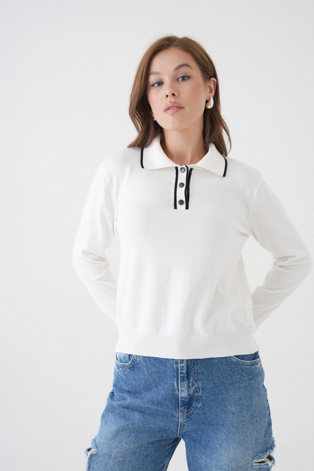 Kadın Polo Düğme Detay Basic Triko Kazak 12338.Vrt