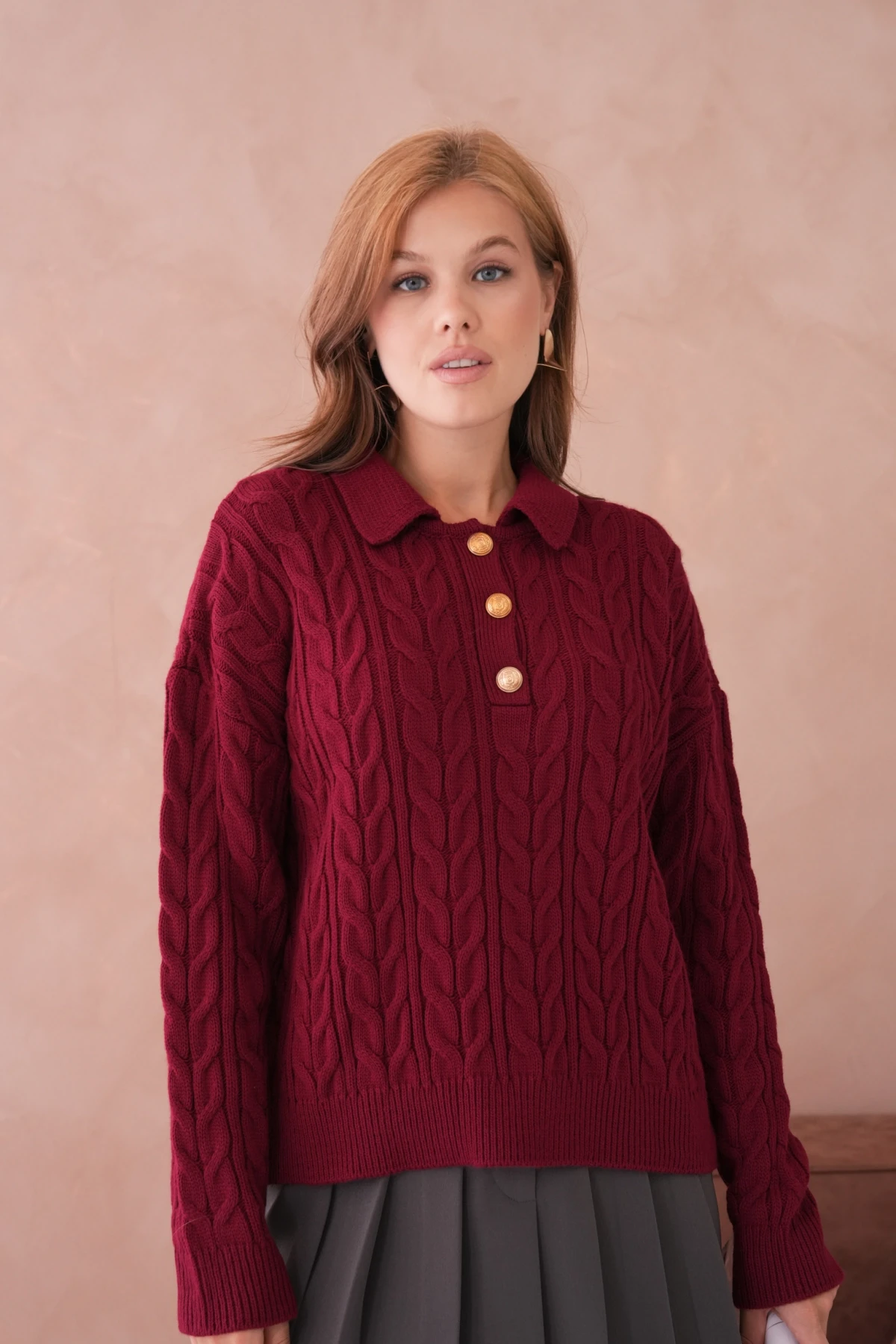 Kadın Polo Düğme Detay Saç Örgü Triko Kazak 8530Sw