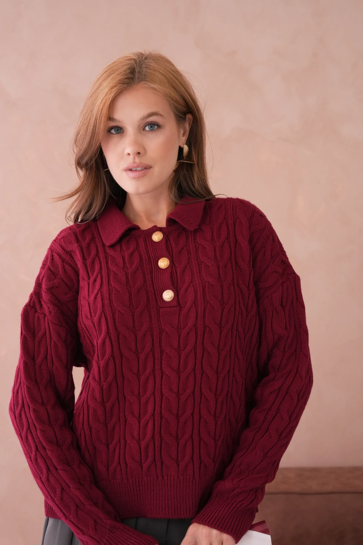 Kadın Polo Düğme Detay Saç Örgü Triko Kazak 8530Sw