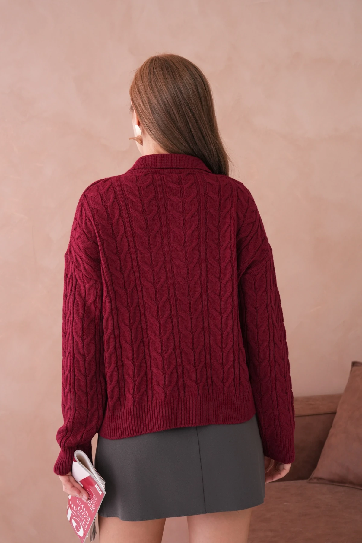 Kadın Polo Düğme Detay Saç Örgü Triko Kazak 8530Sw