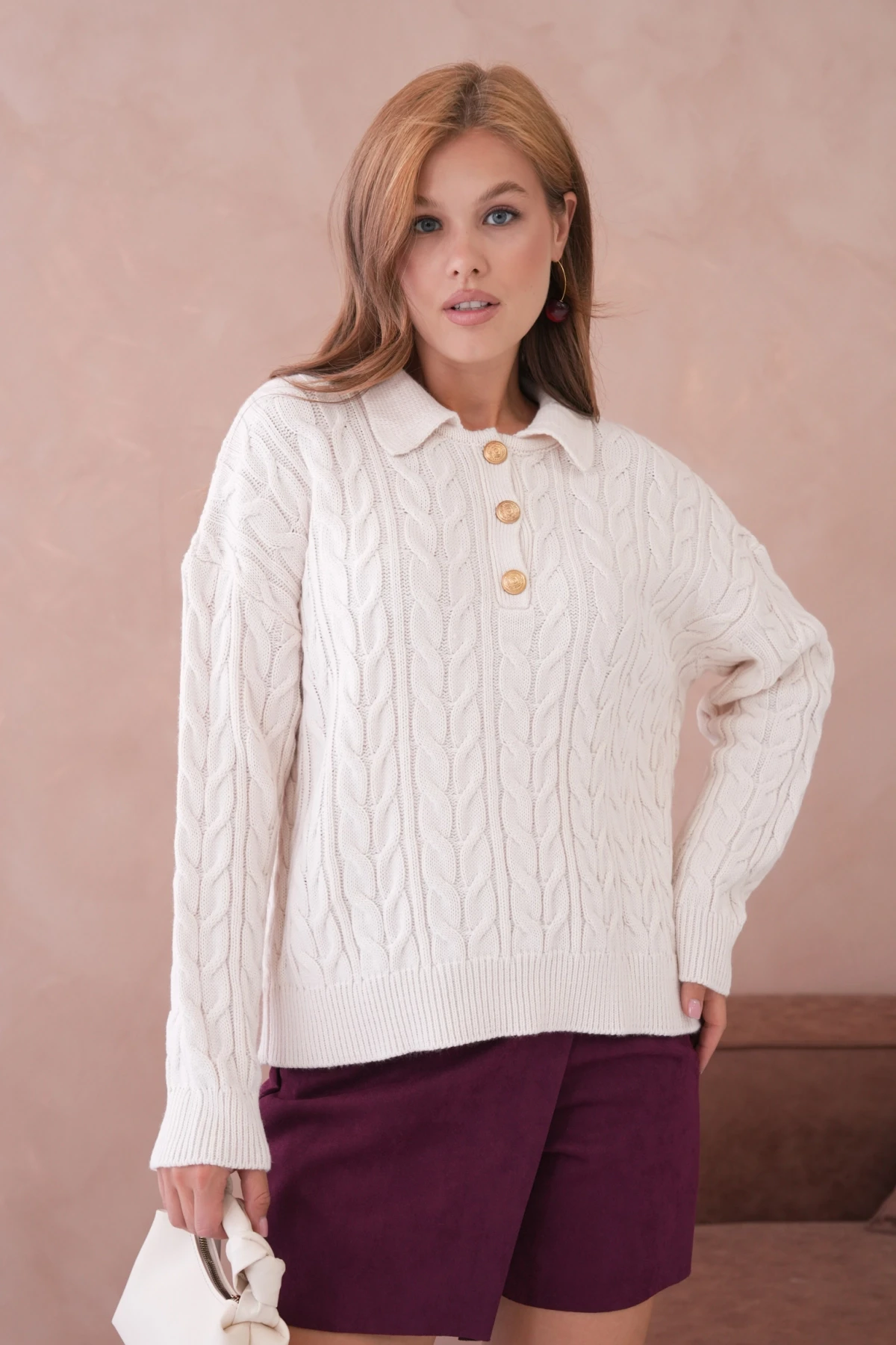 Kadın Polo Düğme Detay Saç Örgü Triko Kazak 8530Sw