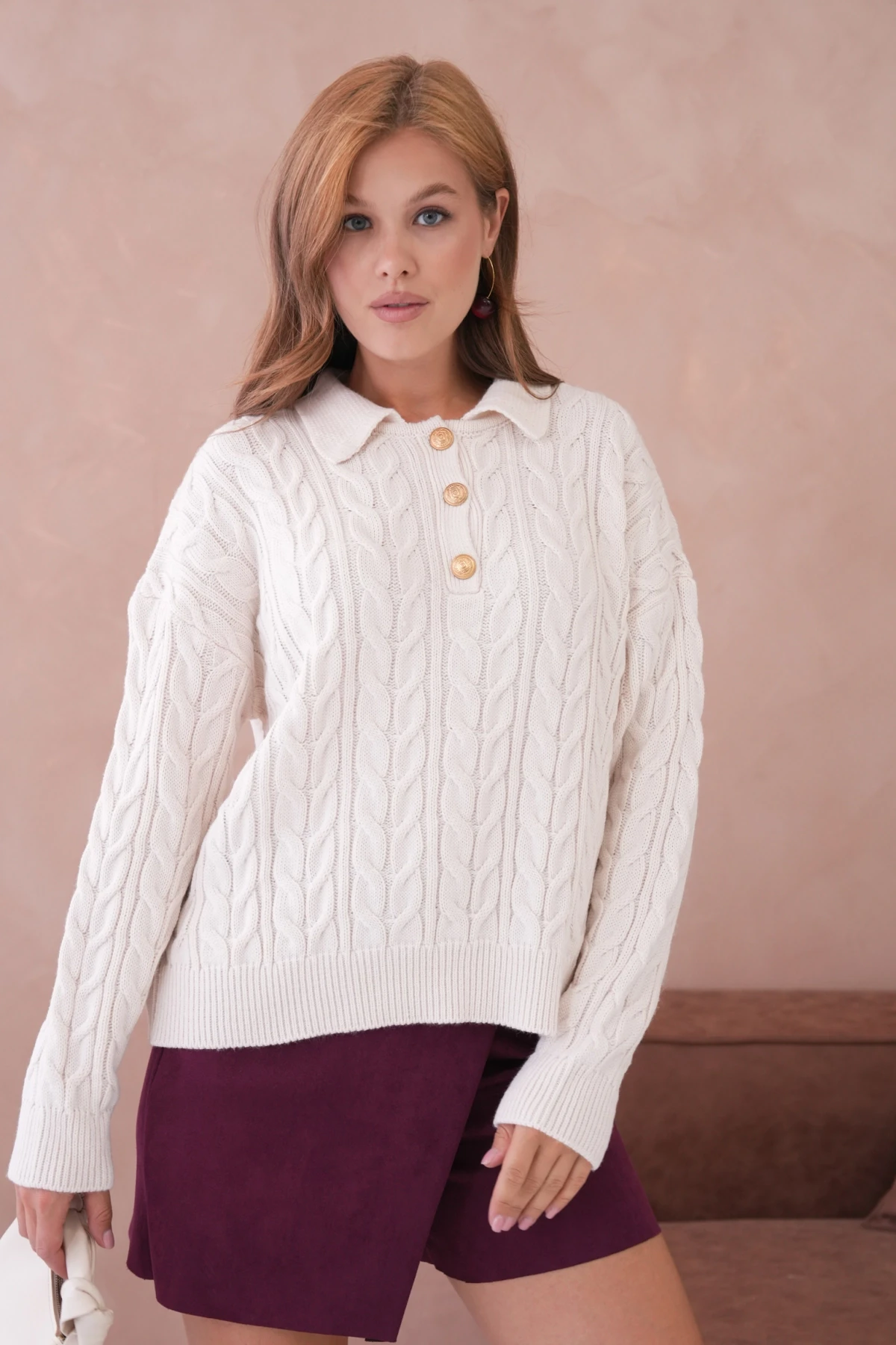 Kadın Polo Düğme Detay Saç Örgü Triko Kazak 8530Sw