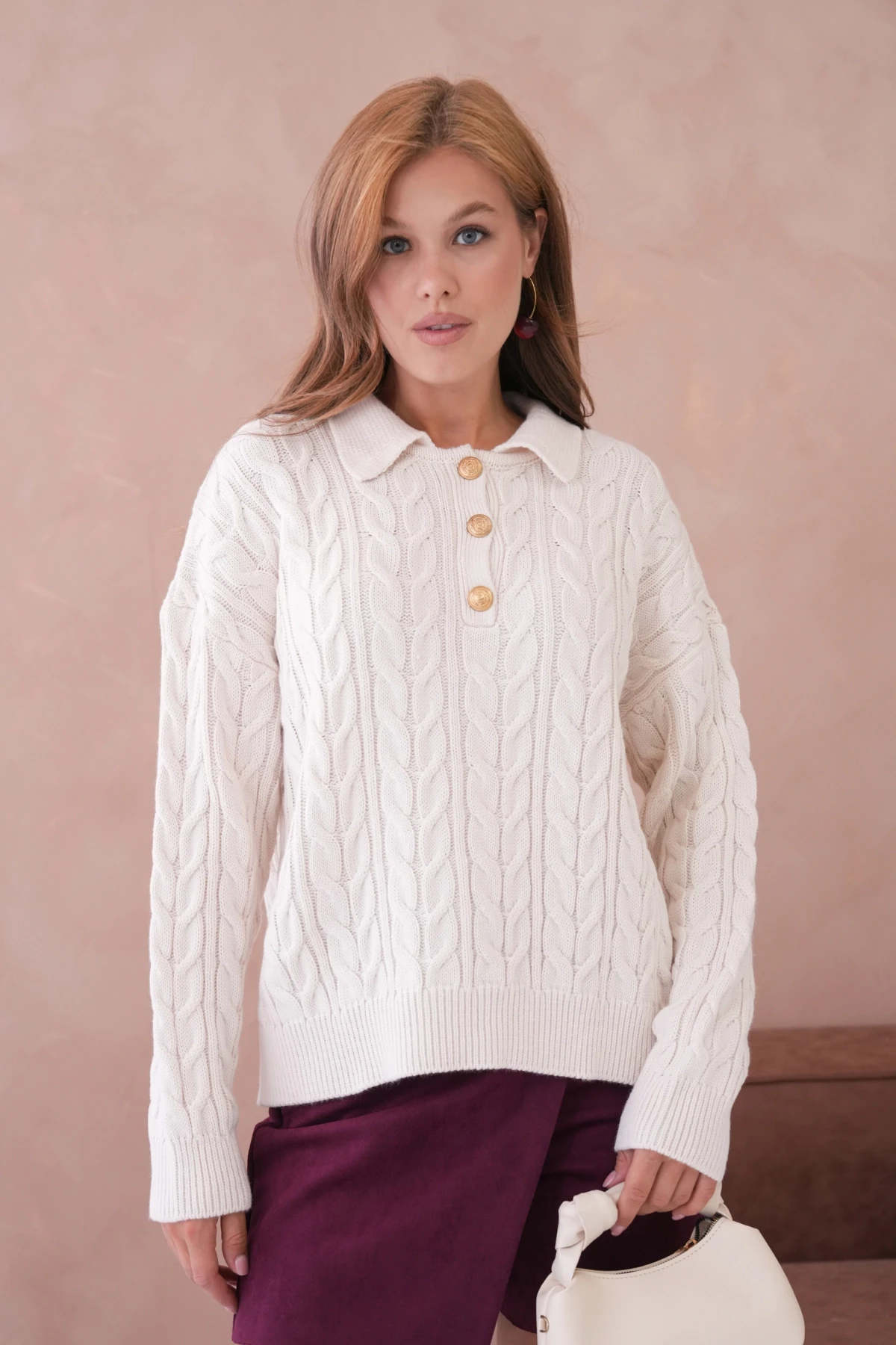 Kadın Polo Düğme Detay Saç Örgü Triko Kazak 8530Sw