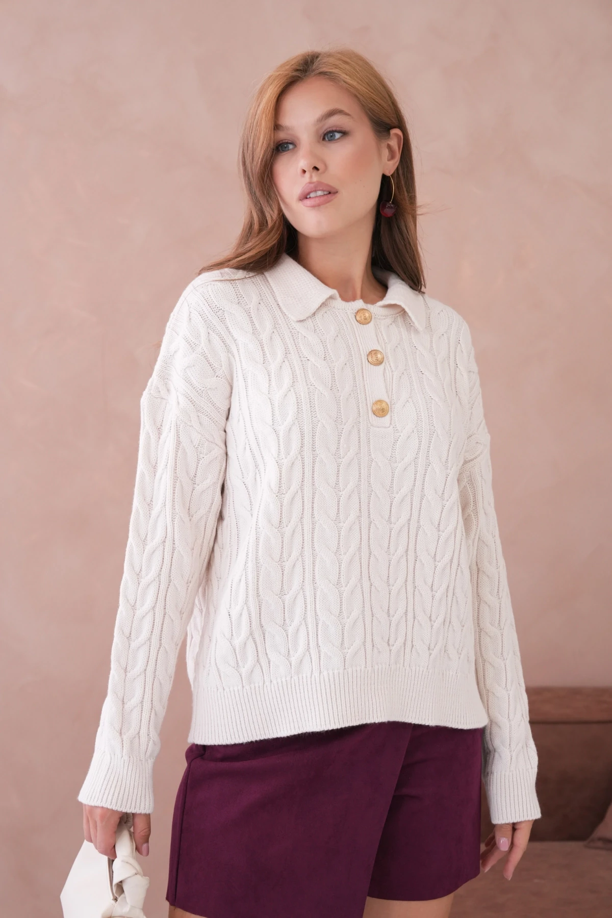 Kadın Polo Düğme Detay Saç Örgü Triko Kazak 8530Sw