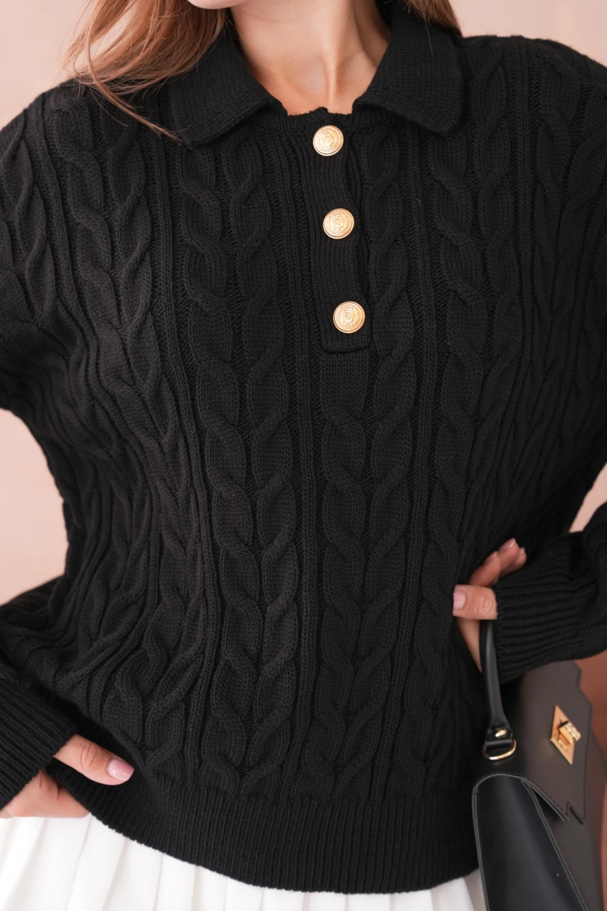 Kadın Polo Düğme Detay Saç Örgü Triko Kazak 8530Sw