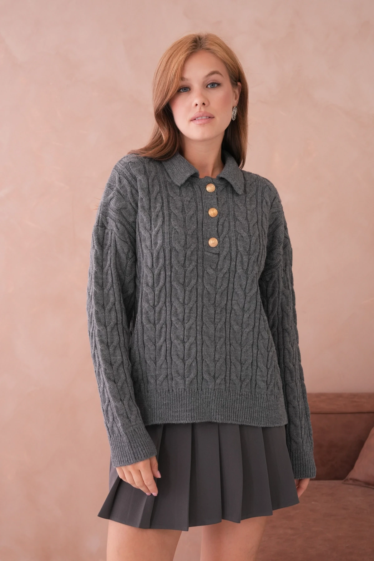 Kadın Polo Düğme Detay Saç Örgü Triko Kazak 8530Sw