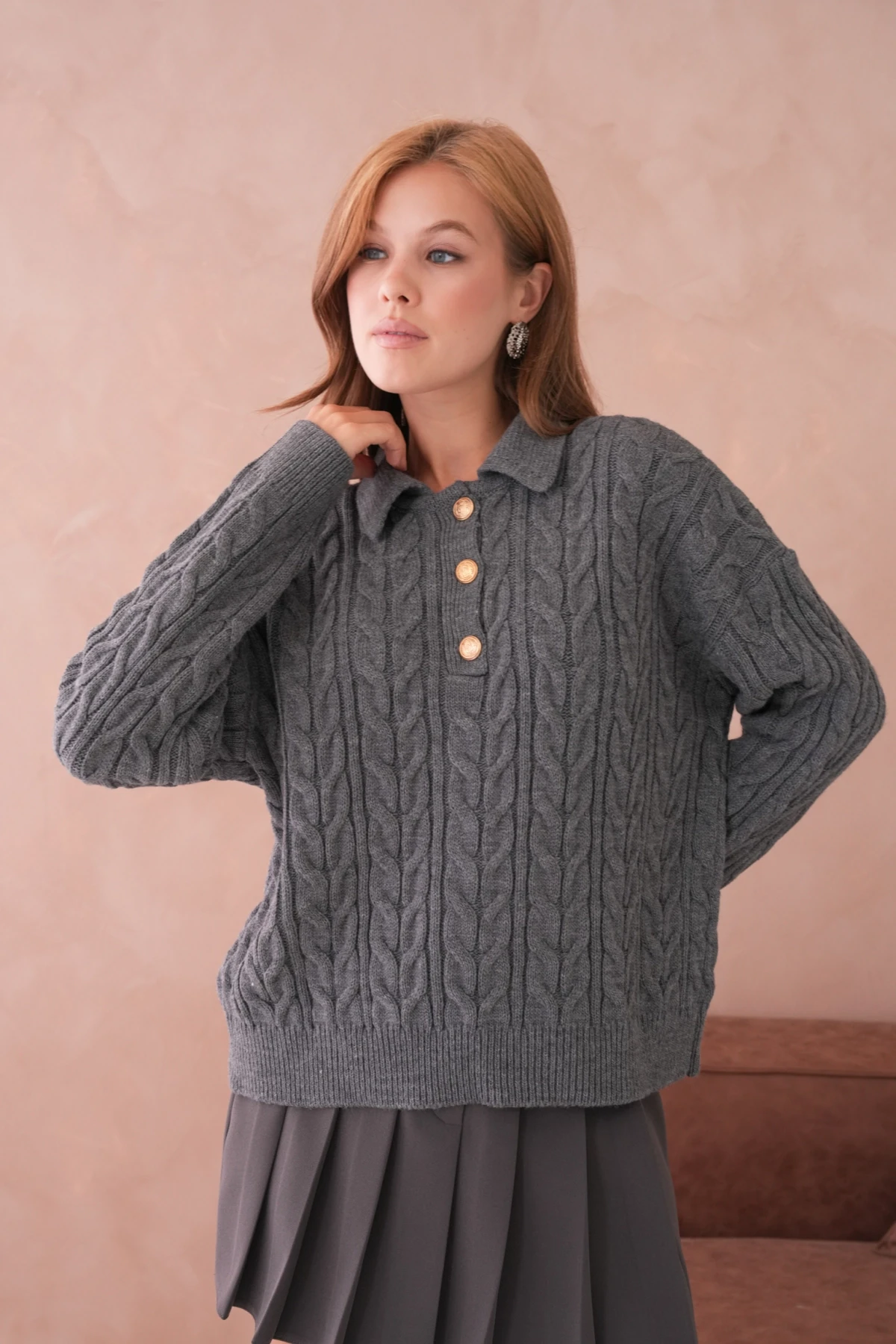 Kadın Polo Düğme Detay Saç Örgü Triko Kazak 8530Sw