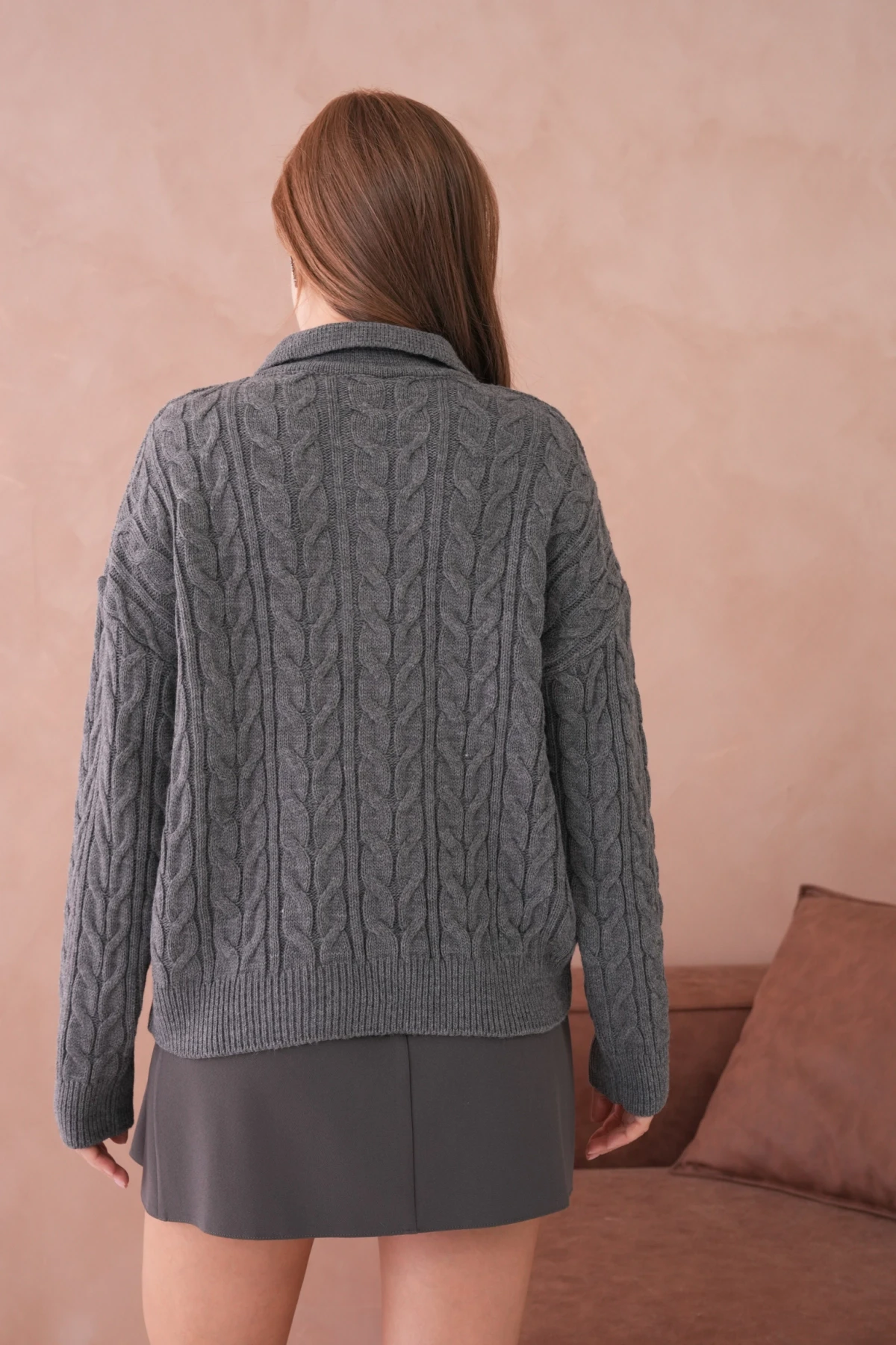 Kadın Polo Düğme Detay Saç Örgü Triko Kazak 8530Sw