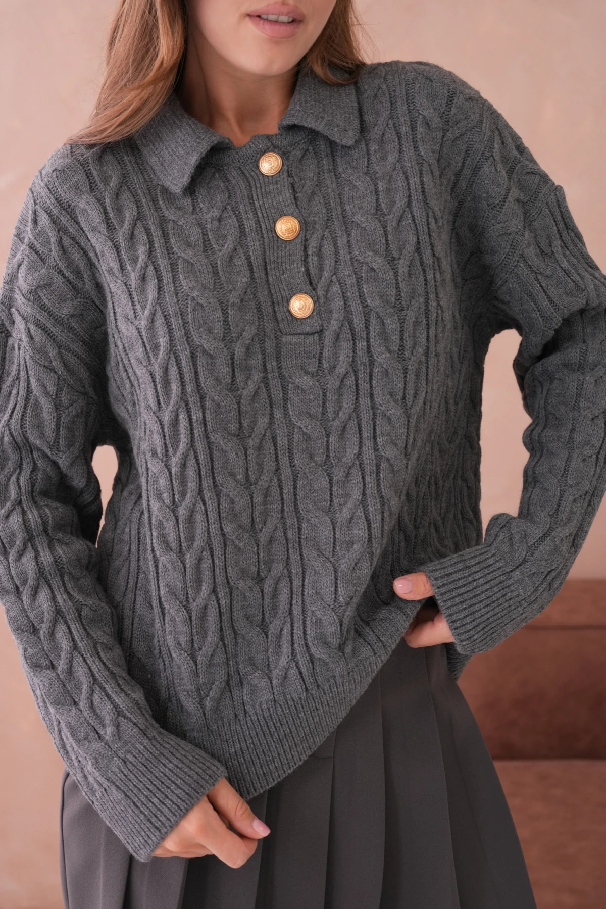 Kadın Polo Düğme Detay Saç Örgü Triko Kazak 8530Sw