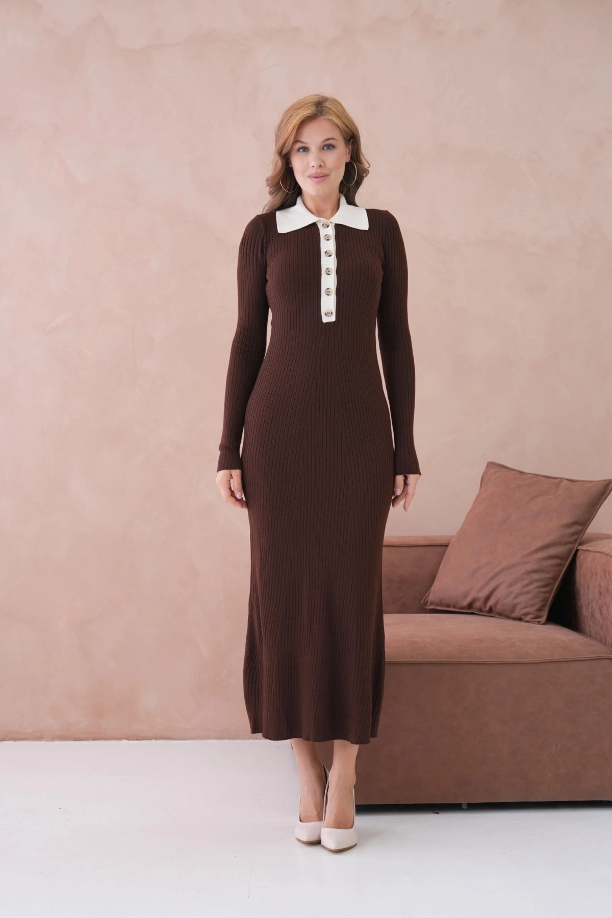 Kadın Polo Yaka Düğme Detay Kaşkorse Uzun Triko Elbise