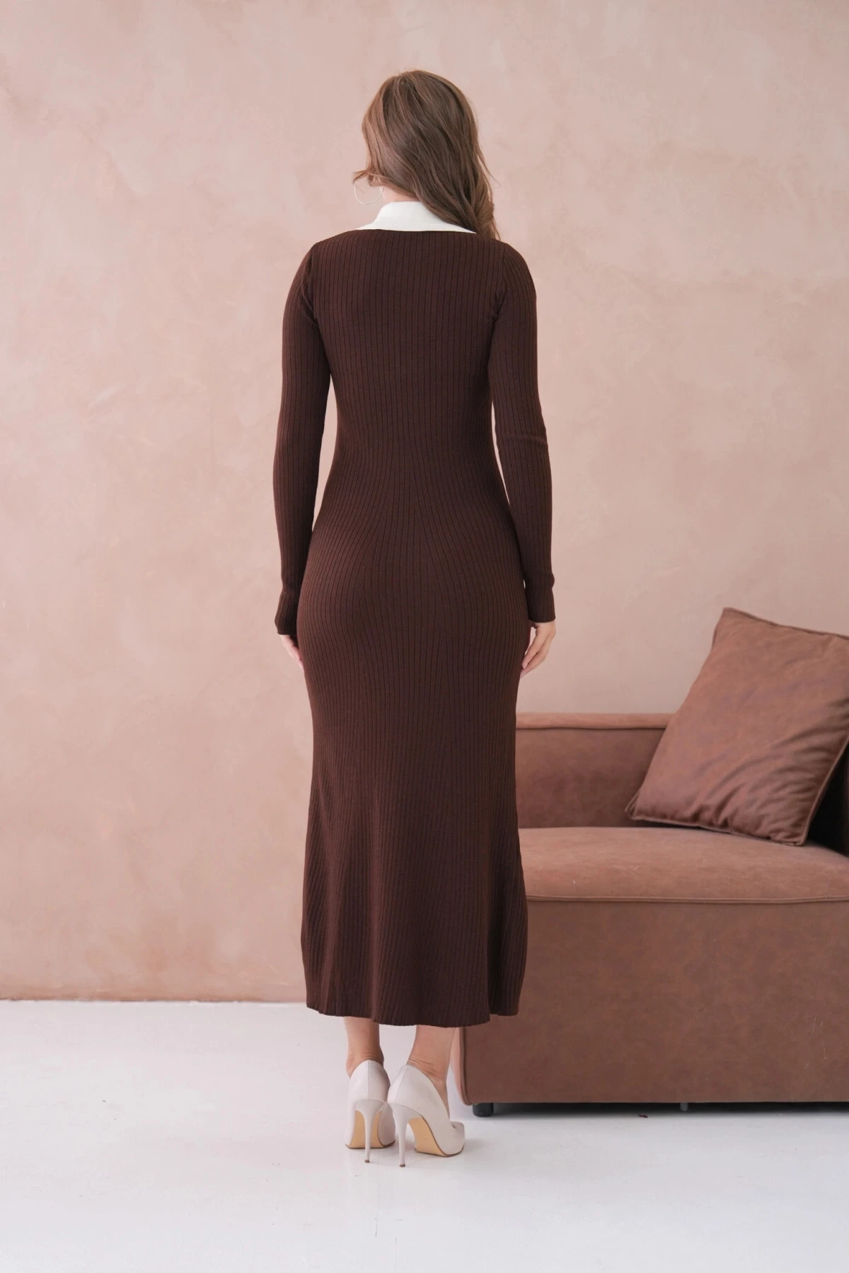 Kadın Polo Yaka Düğme Detay Kaşkorse Uzun Triko Elbise