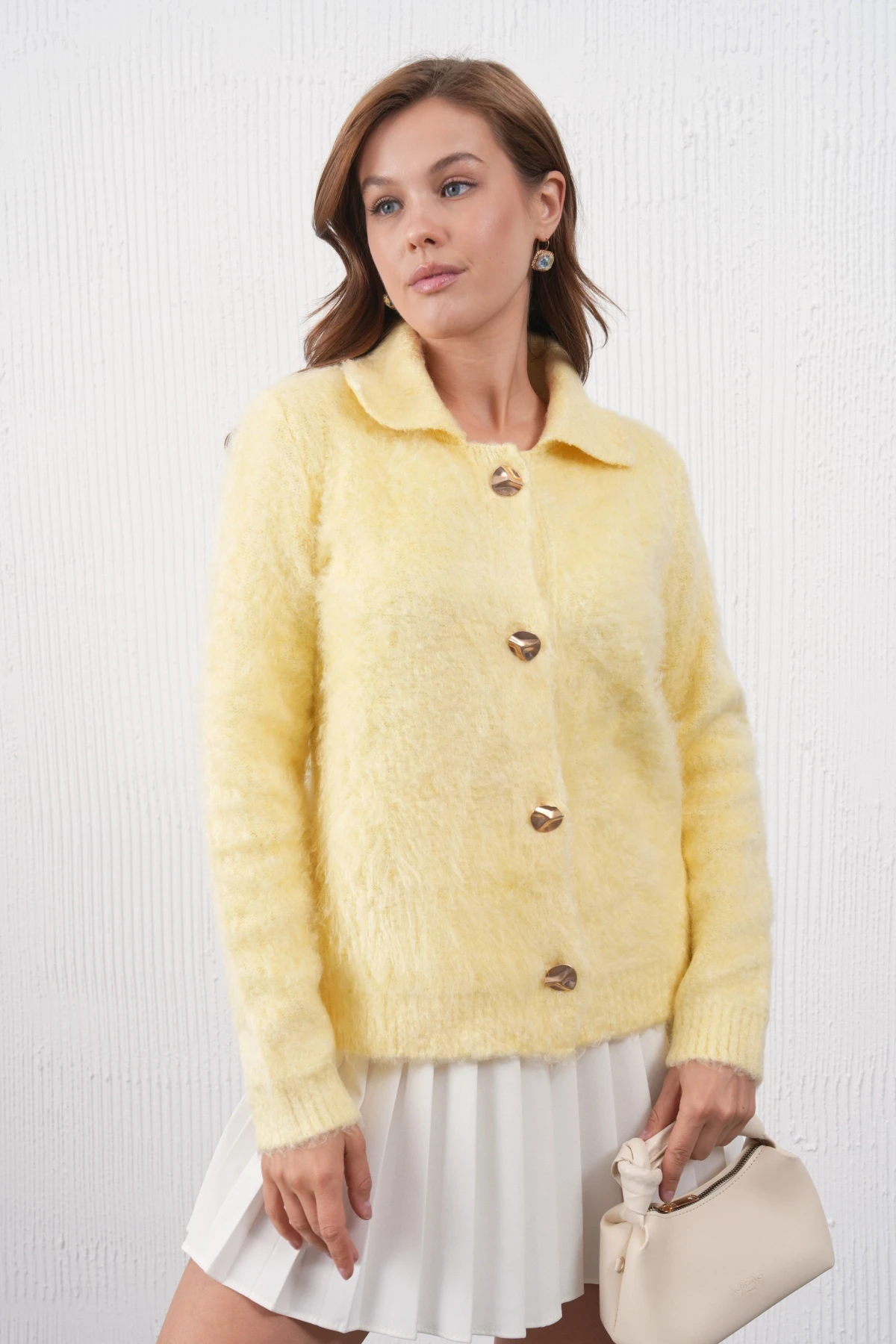 Kadın Polo Yaka Düğme Detay Şardonlu Triko Ceket 8645Sw