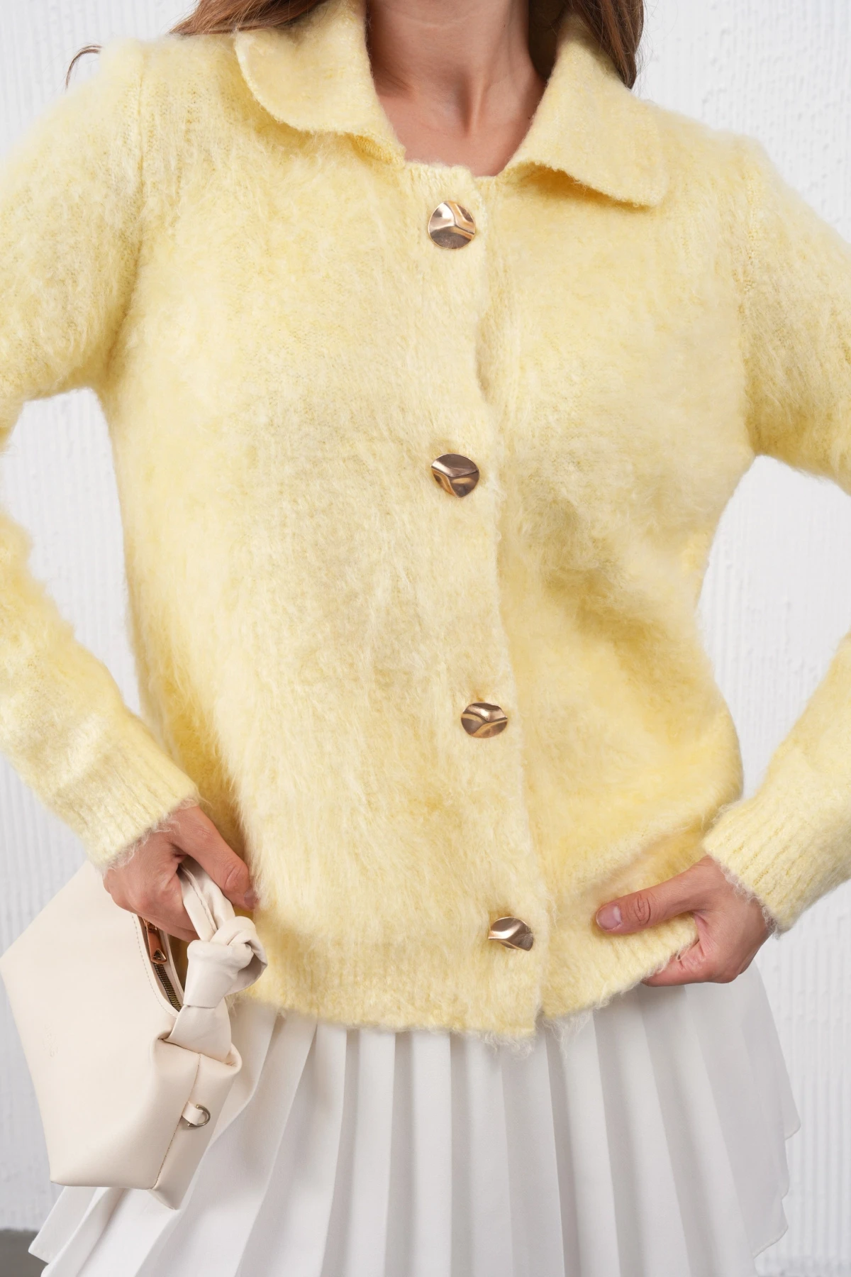 Kadın Polo Yaka Düğme Detay Şardonlu Triko Ceket 8645Sw