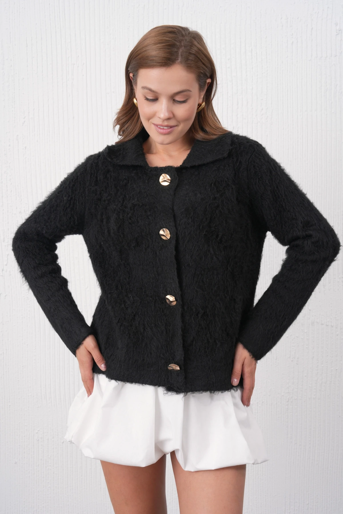 Kadın Polo Yaka Düğme Detay Şardonlu Triko Ceket 8645Sw