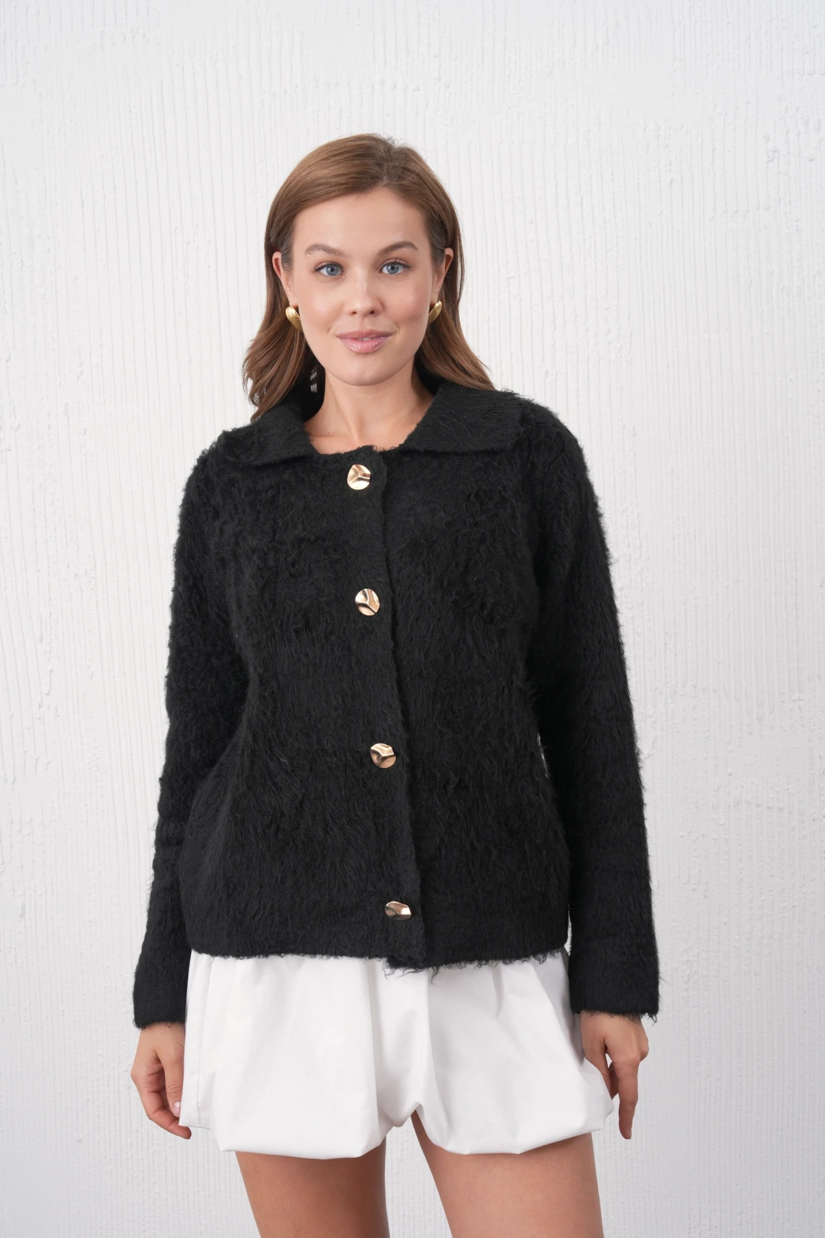 Kadın Polo Yaka Düğme Detay Şardonlu Triko Ceket 8645Sw